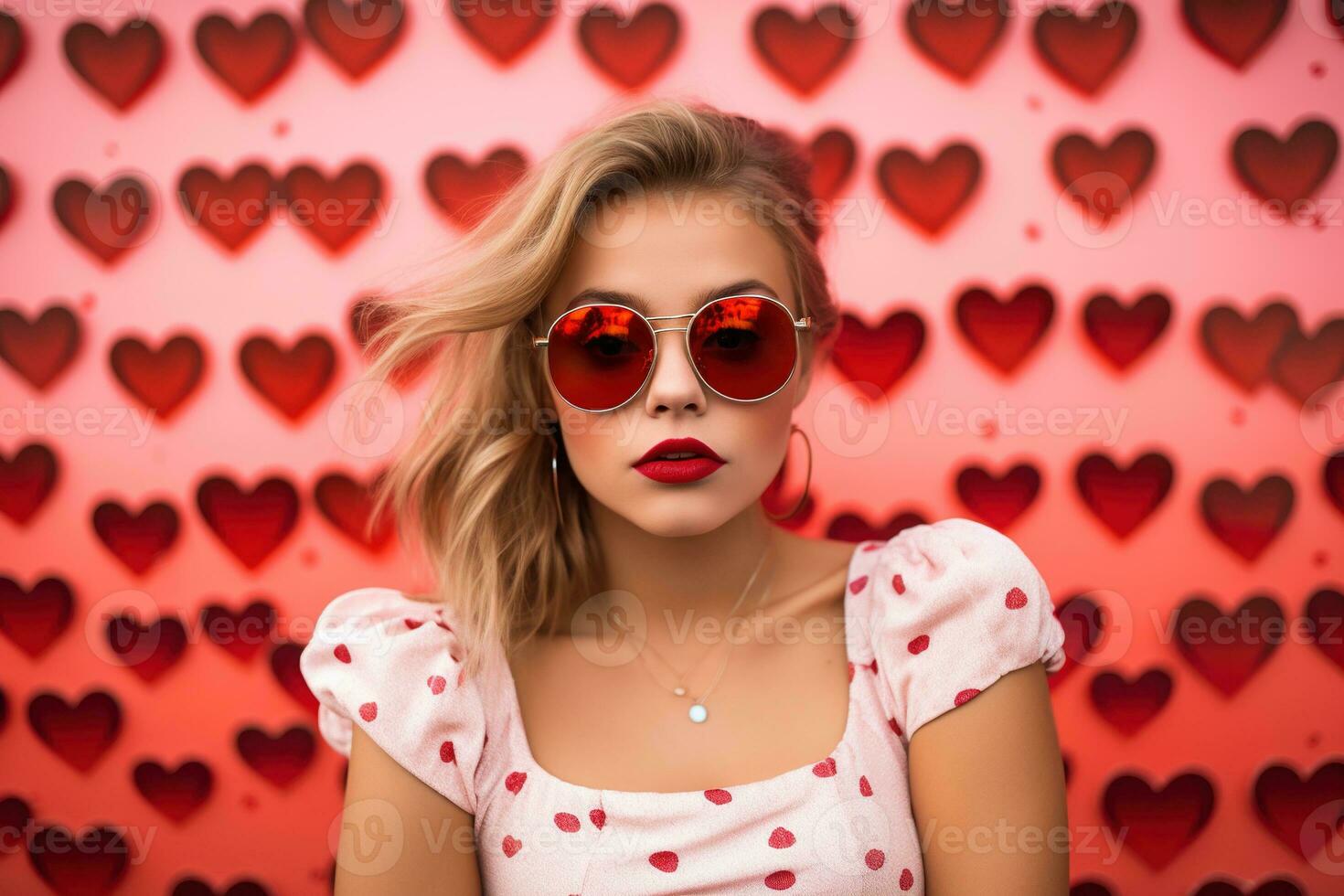 San Valentín día. retrato de hermosa joven mujer en Gafas de sol en rojo antecedentes con corazones. ai generado foto