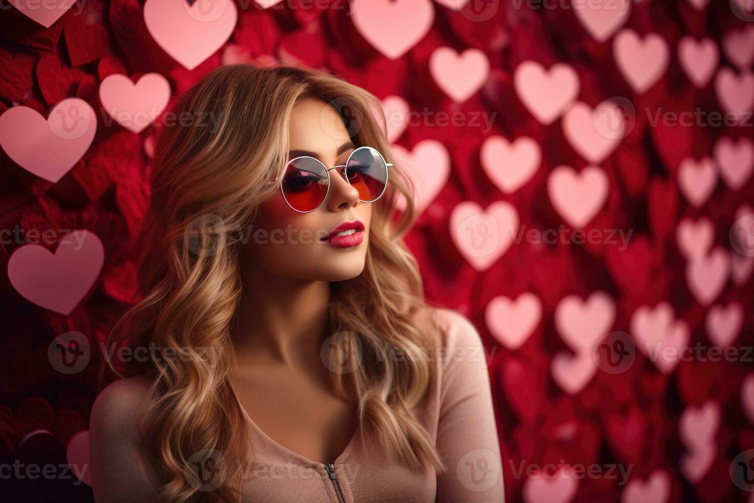 Valentine's day. Portrait of beautiful young woman in sunglasses on red background with hearts. AI generated photo