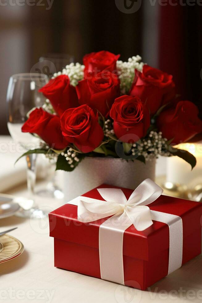 Romantic dinner setting with red roses and gift box on table.Valentine's Day Concept AI generated photo