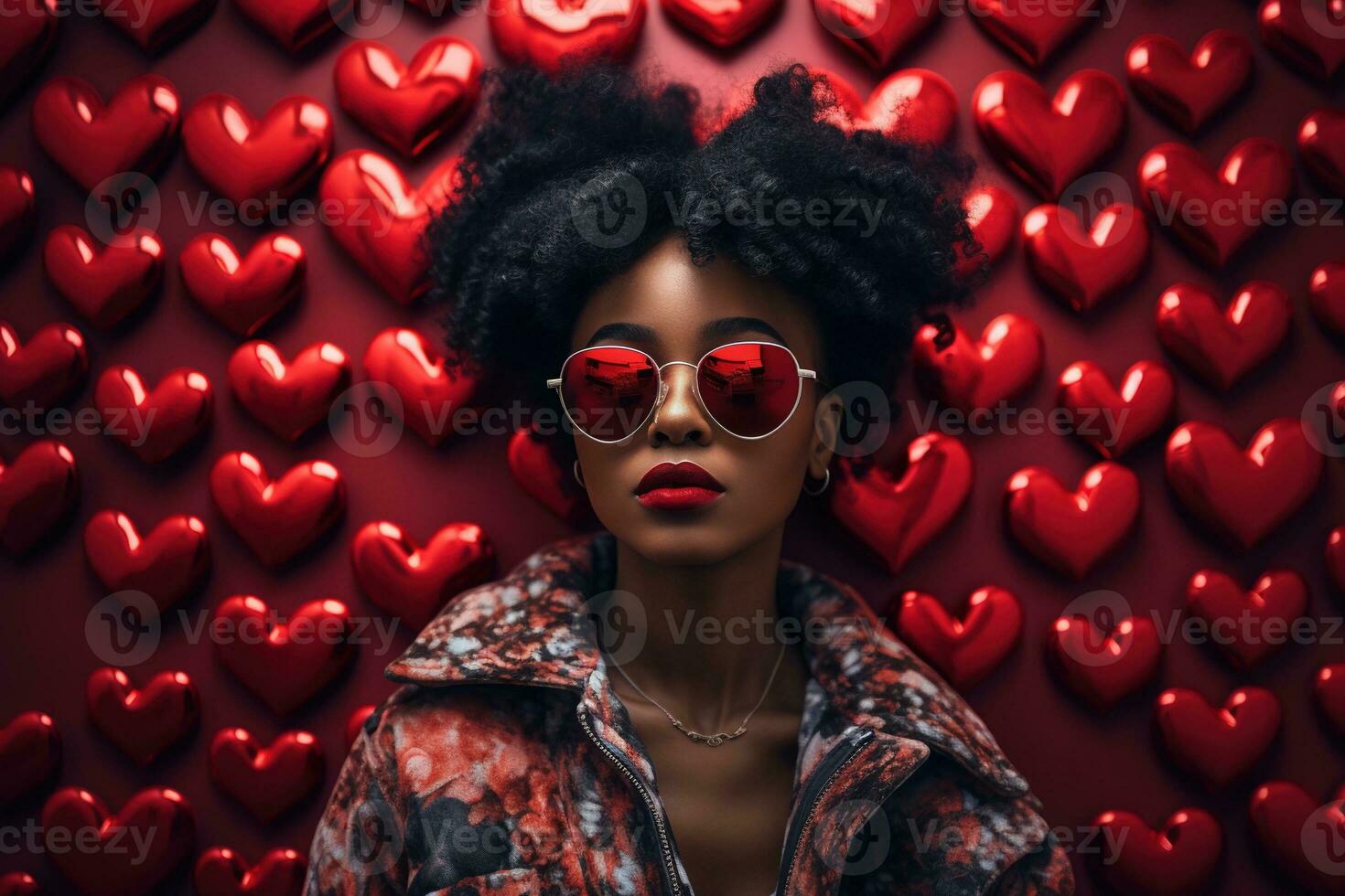 Fashionable african american woman with glasses on valentine background AI generated photo