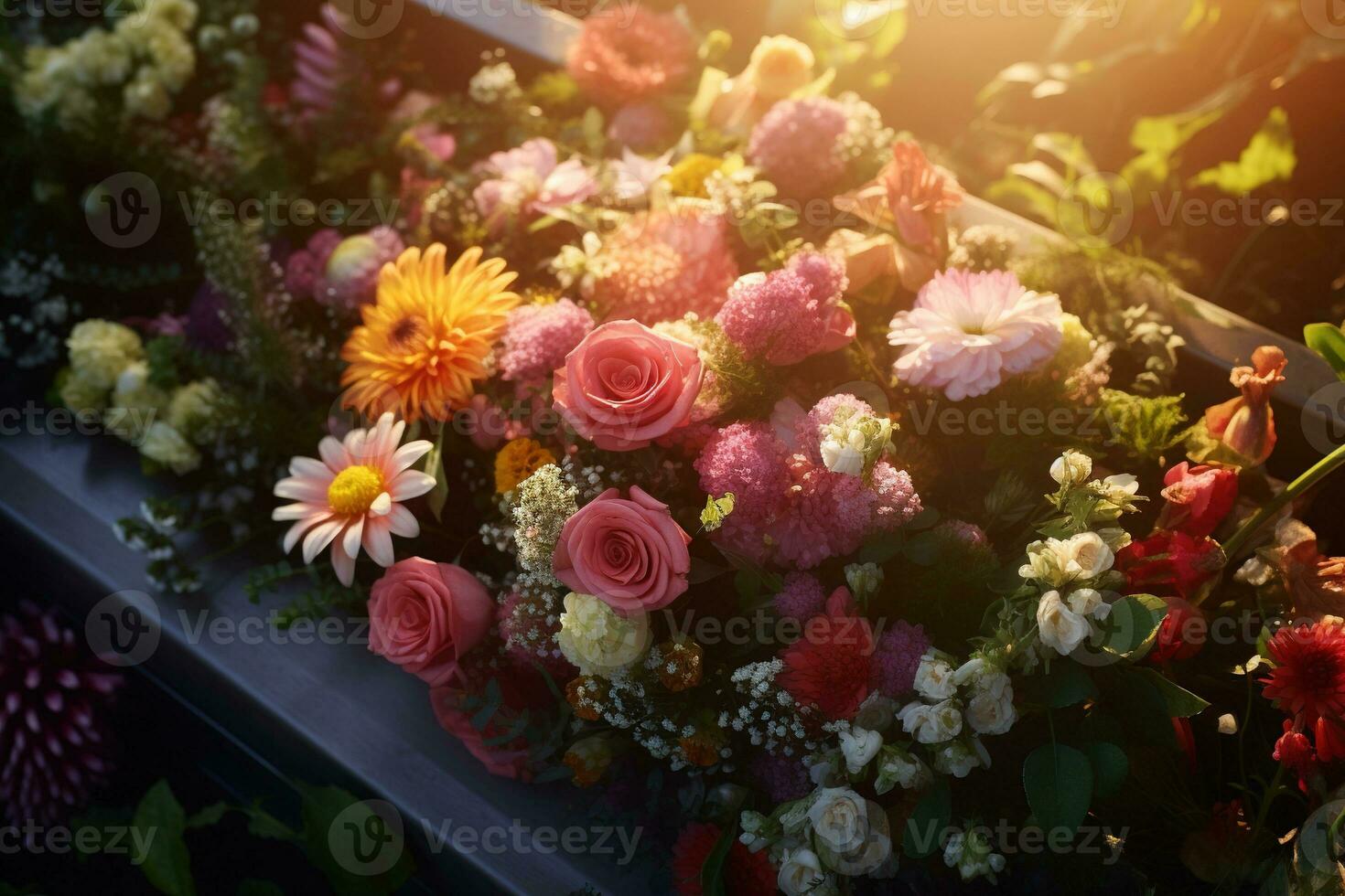 Colorful flowers on the grave in the cemetery, funeral concept. AI generated photo