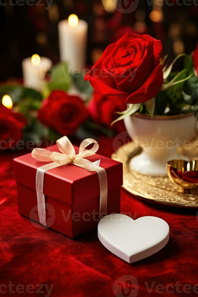 Romantic dinner setting with red roses and gift box on table.Valentine's Day Concept AI generated photo