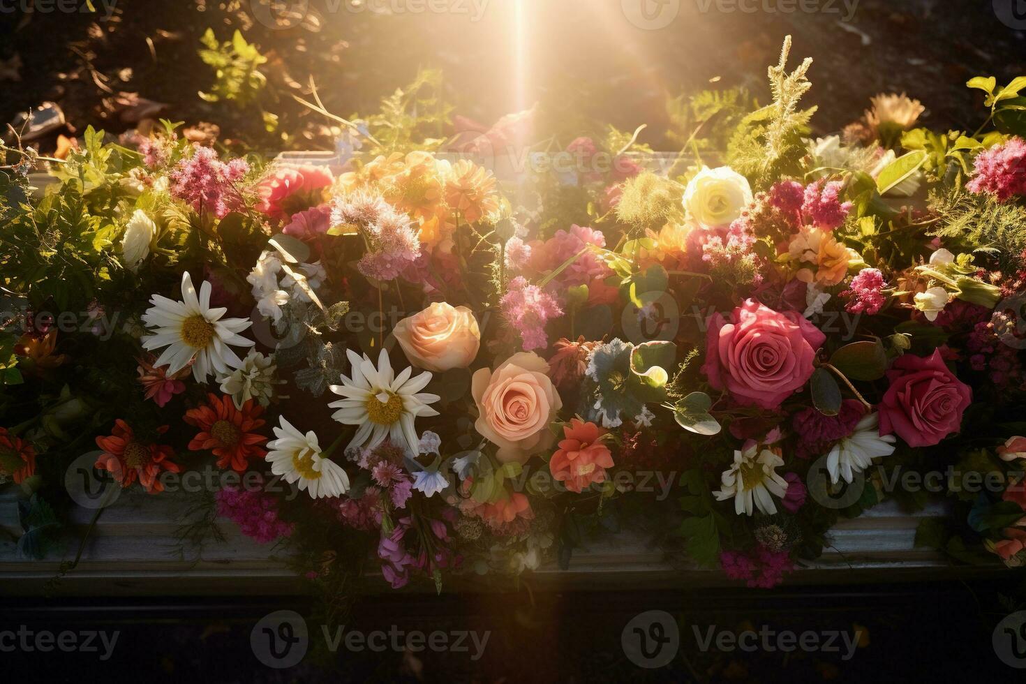 Colorful flowers on the grave in the cemetery, funeral concept. AI generated photo