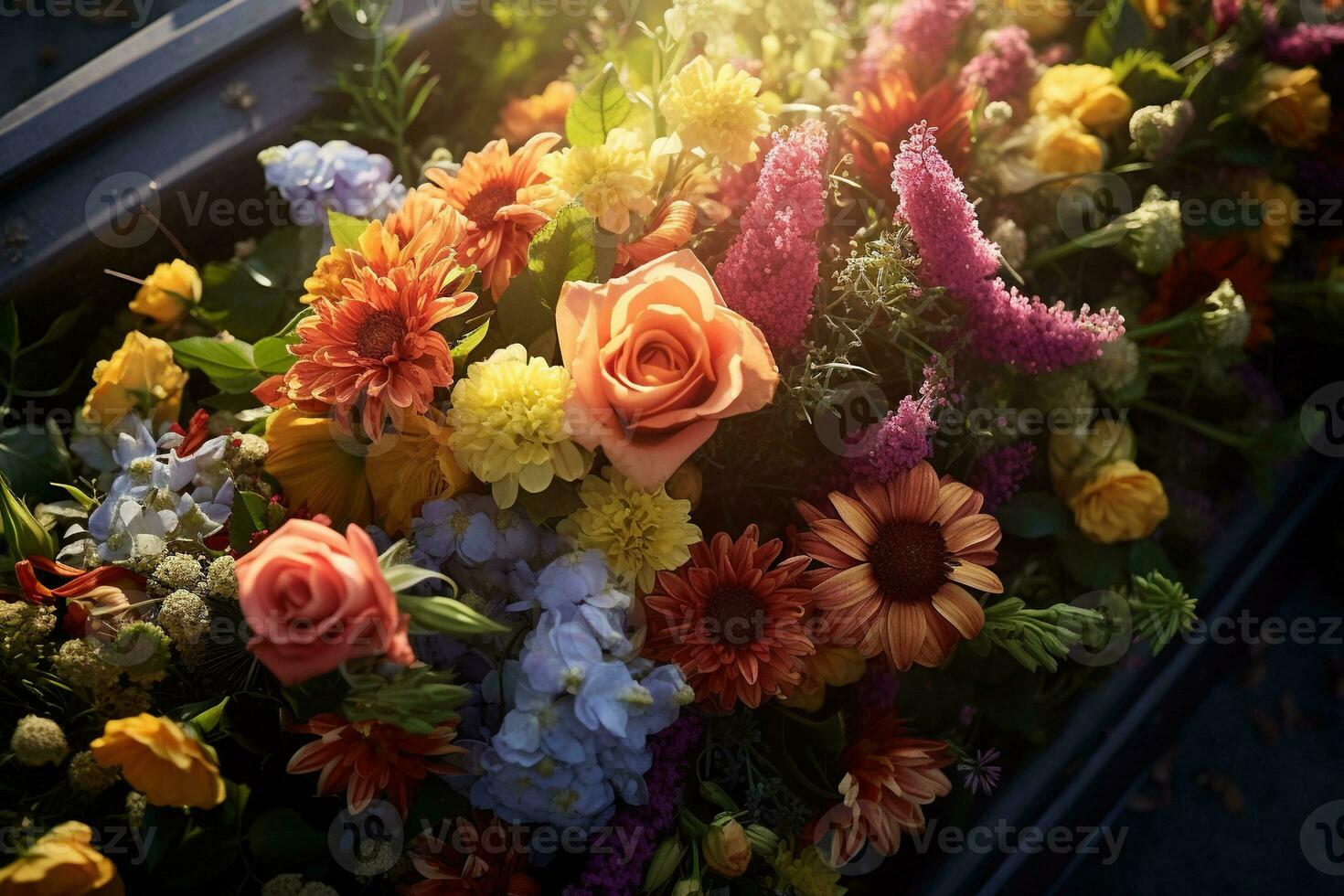 Colorful flowers on the grave in the cemetery, funeral concept. AI generated photo