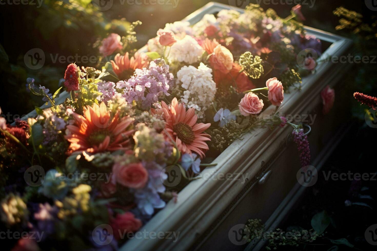 Colorful flowers on the grave in the cemetery, funeral concept. AI generated photo