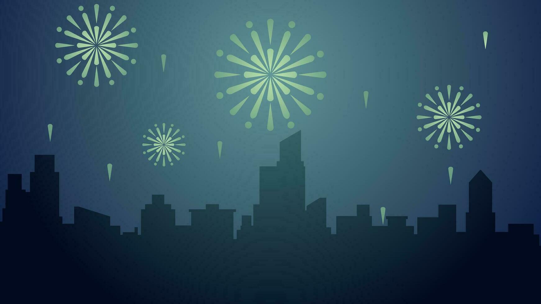 New year cityscape vector illustration. Scenery of city with sparkling fireworks in new year event. City panorama for illustration, background or wallpaper