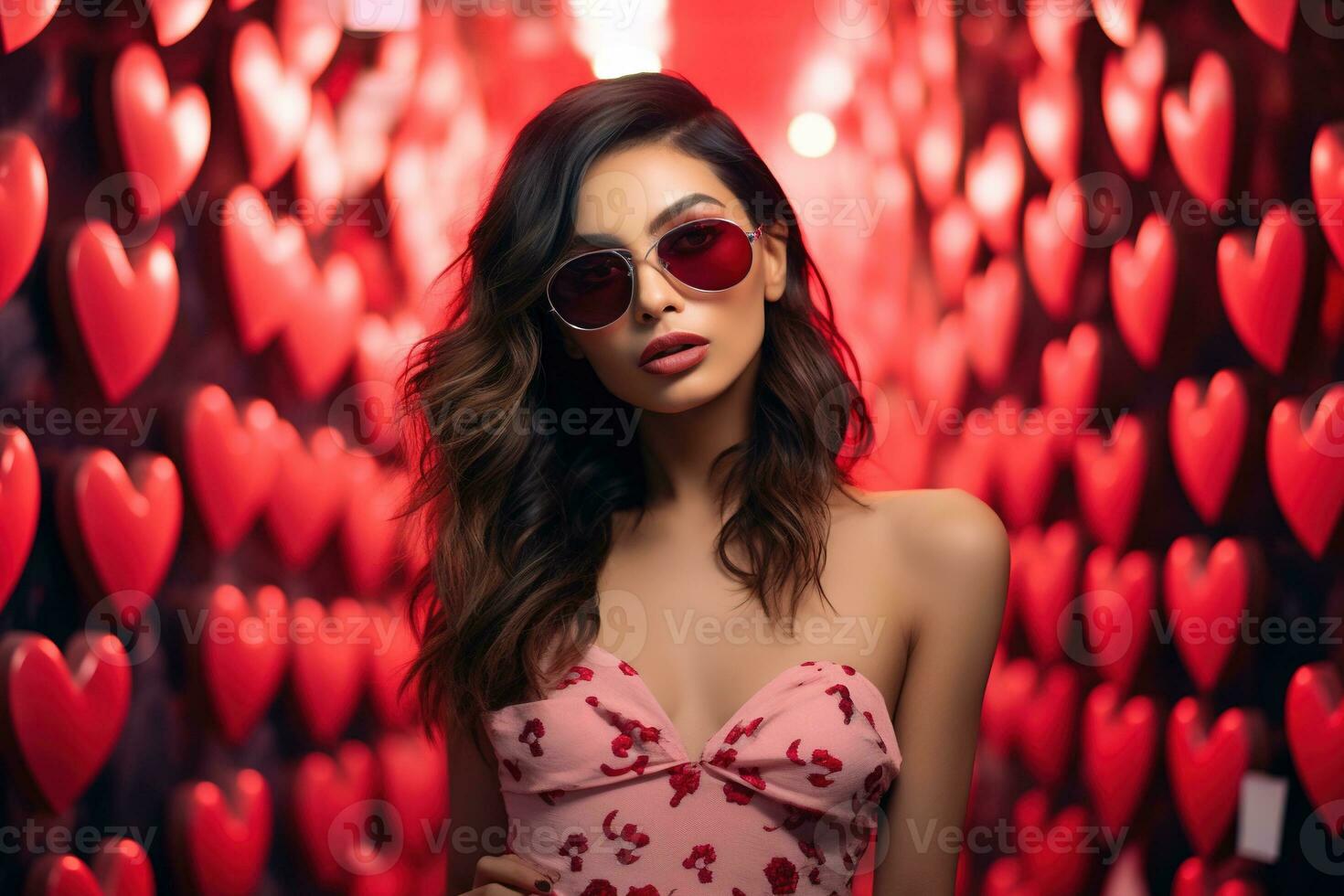 Valentine's day. Portrait of beautiful young Asian woman in sunglasses on red background with hearts. AI generated photo