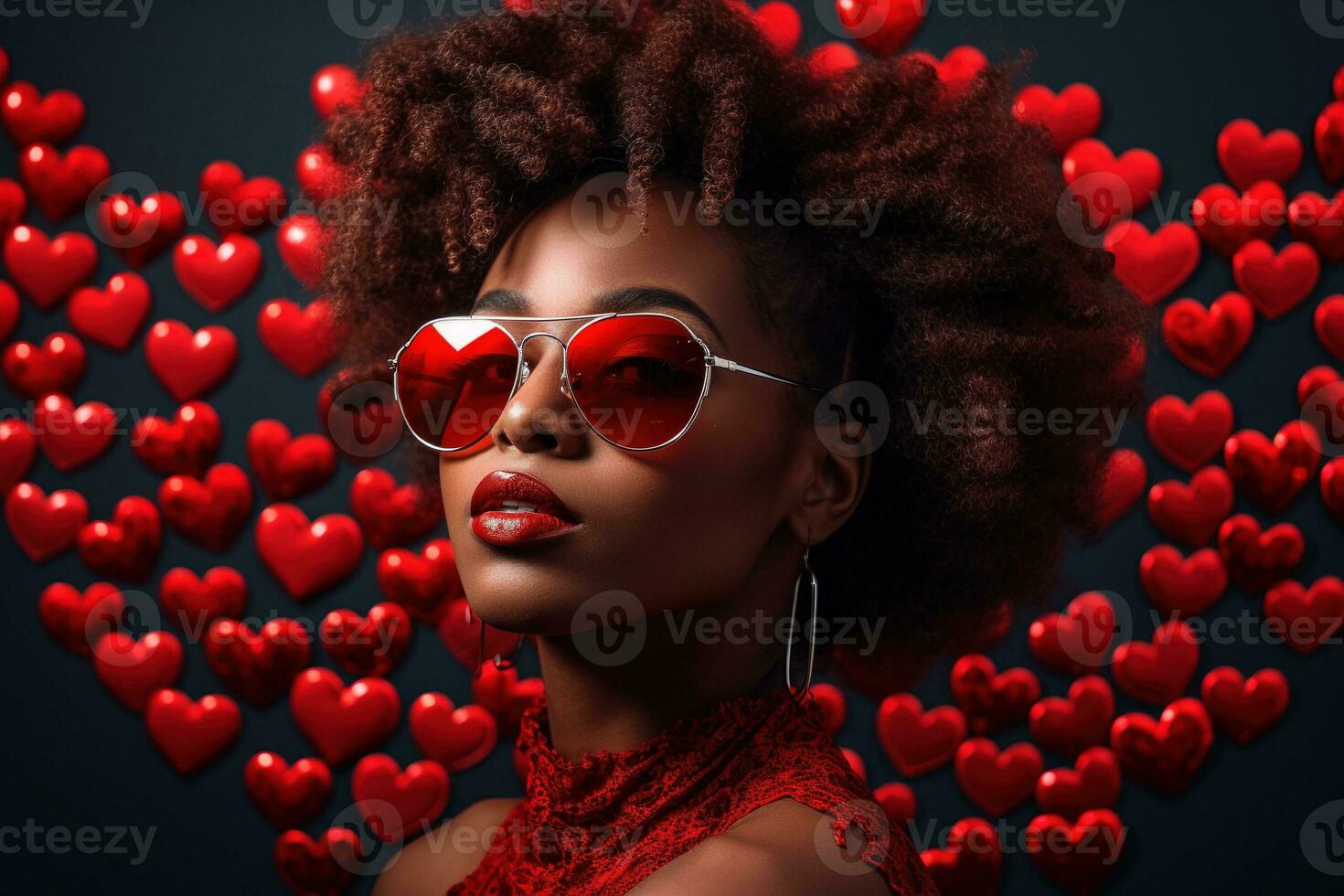 Fashionable african american woman with glasses on valentine background AI generated photo