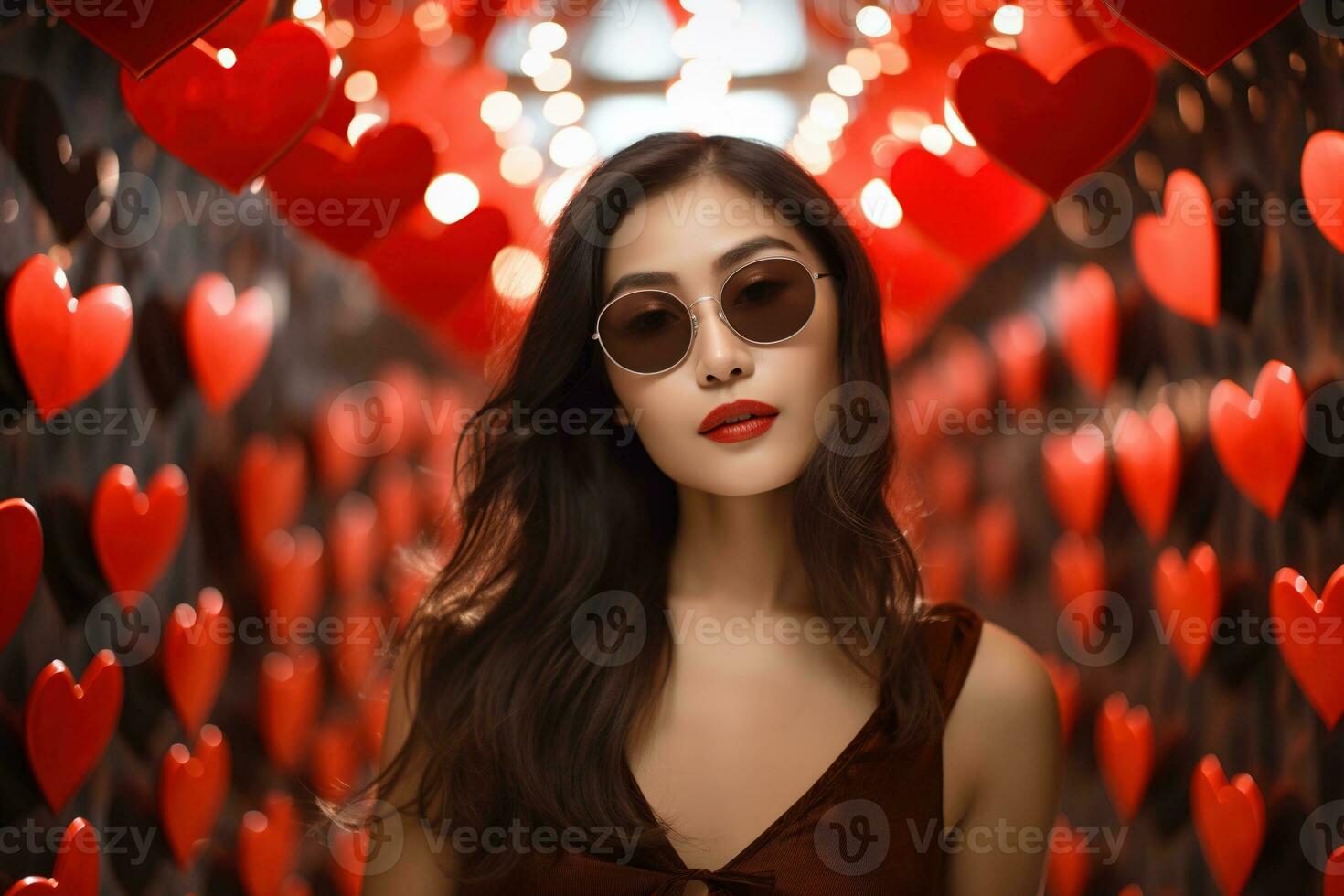 San Valentín día. retrato de hermosa joven asiático mujer en Gafas de sol en rojo antecedentes con corazones. ai generado foto