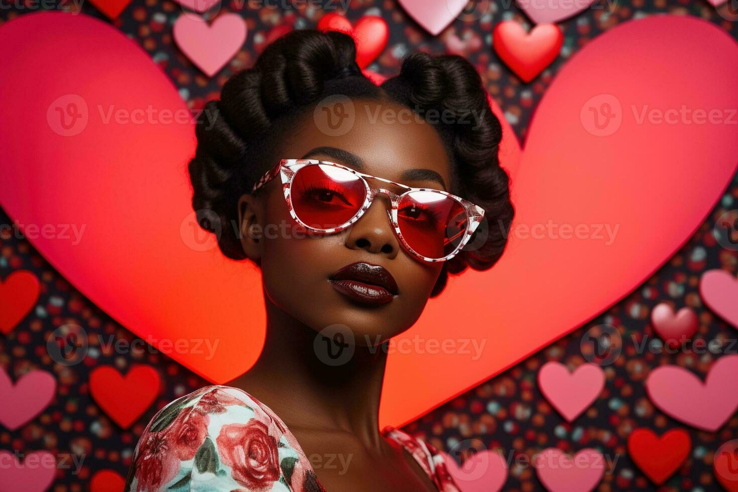 Fashionable african american woman with glasses on valentine background AI generated photo