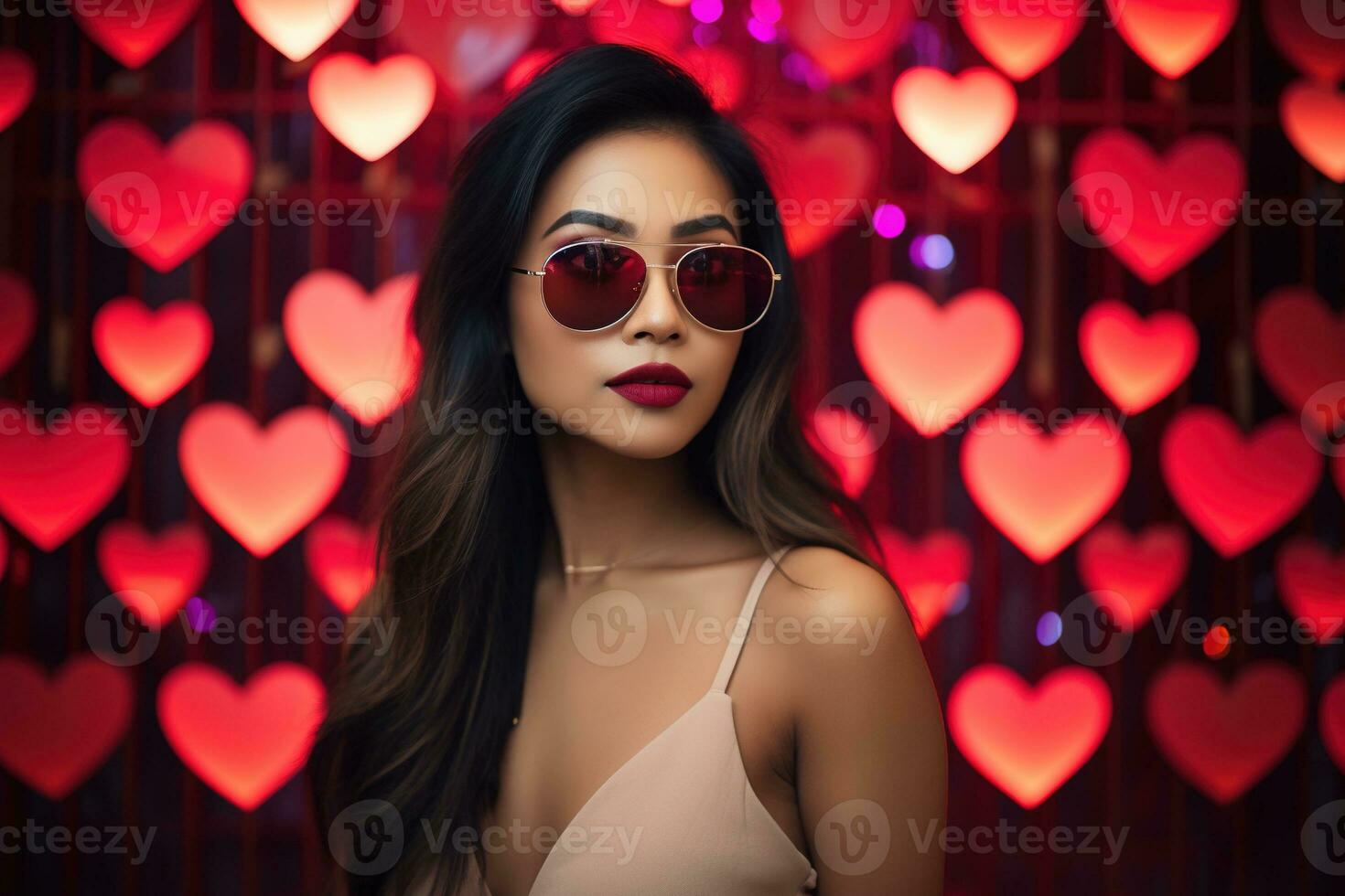 San Valentín día. retrato de hermosa joven asiático mujer en Gafas de sol en rojo antecedentes con corazones. ai generado foto