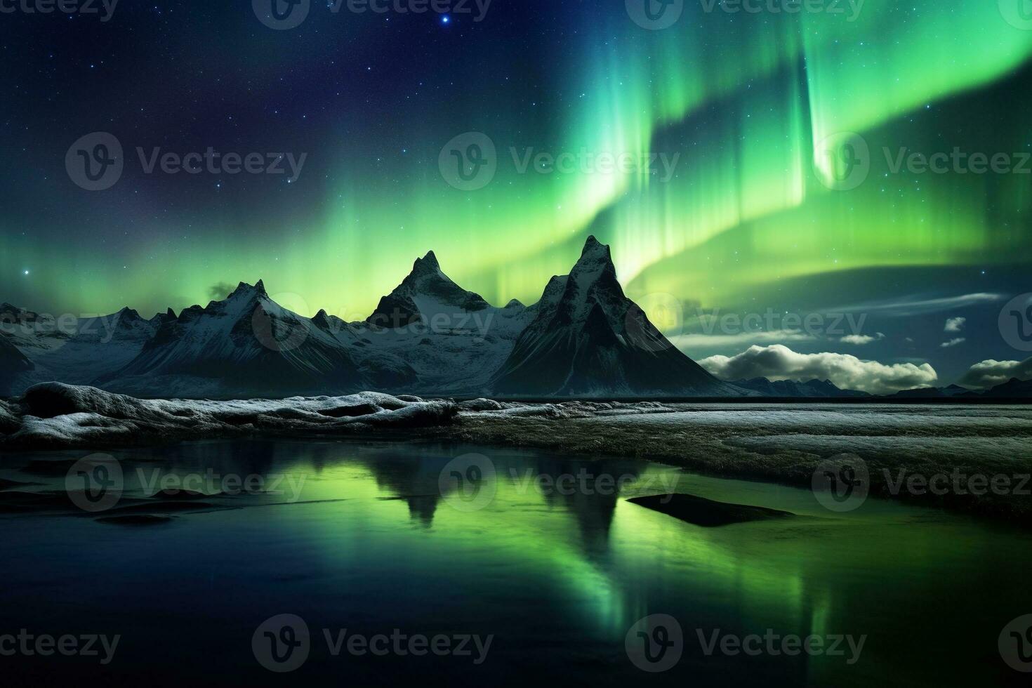 Northern lights over snowy mountain range with reflection in water AI generated photo