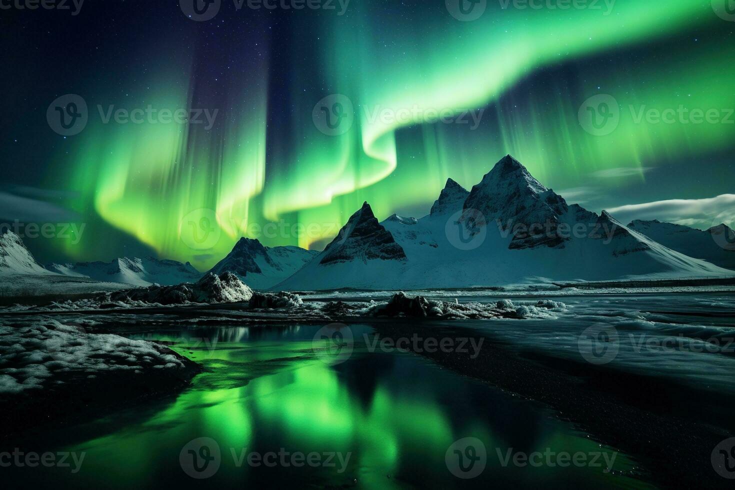 Northern lights over snowy mountain range with reflection in water AI generated photo