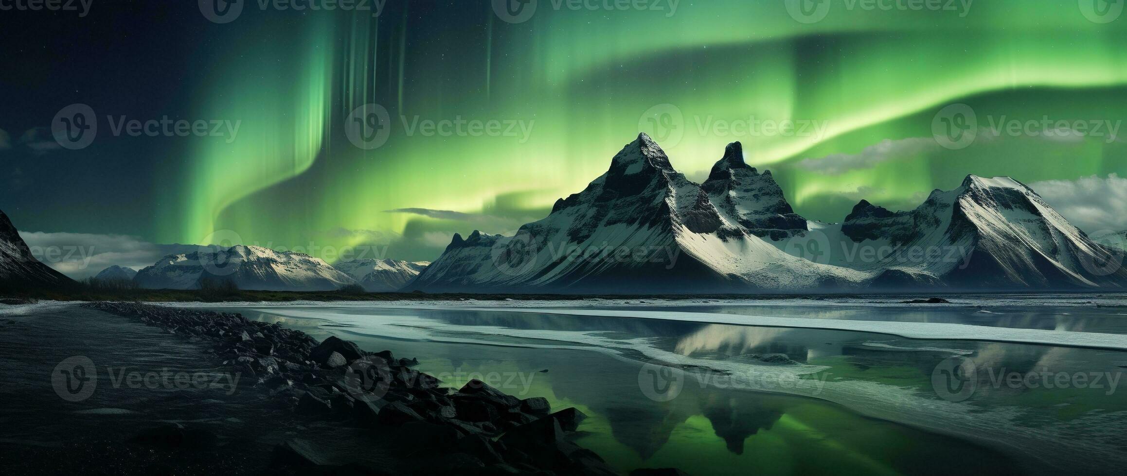 Northern lights over snowy mountain range with reflection in water AI generated photo