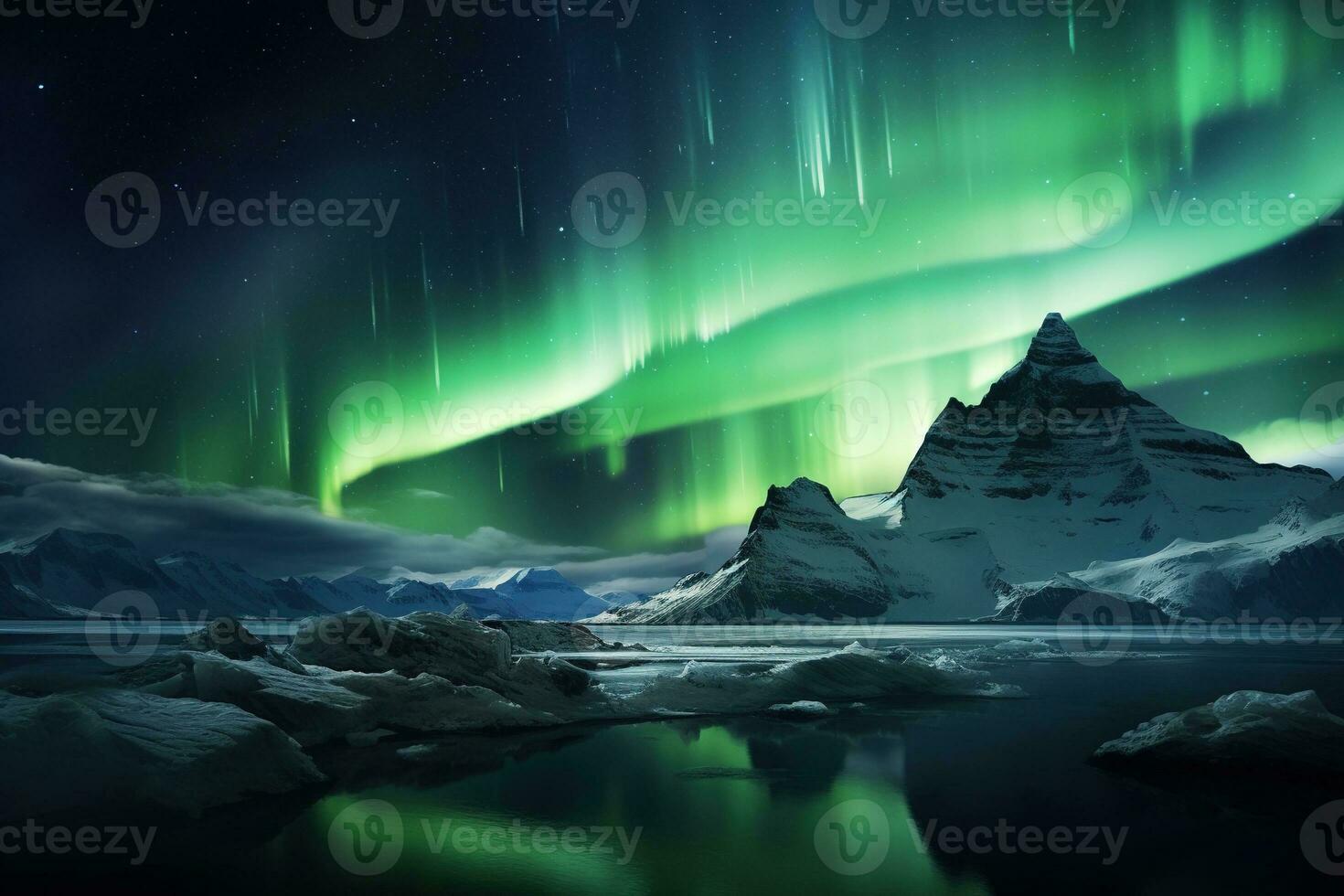 Northern lights over snowy mountain range with reflection in water AI generated photo
