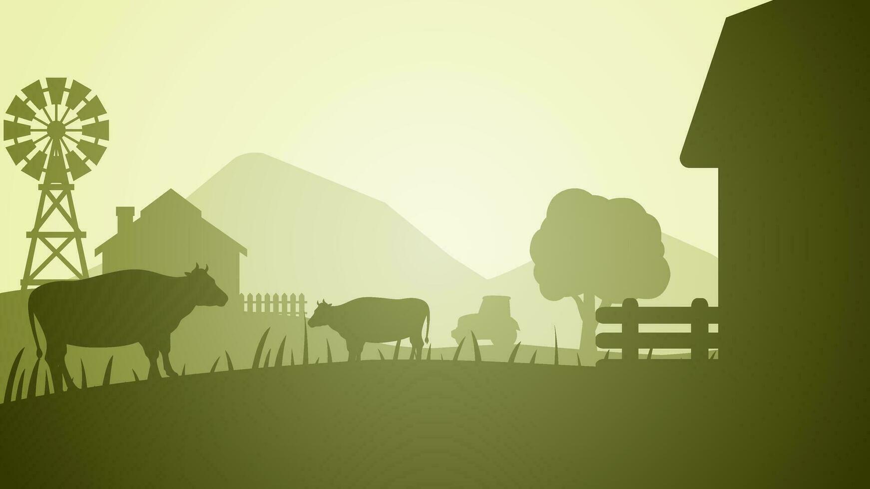 Farmland silhouette landscape vector illustration. Scenery of livestock and windmill in the countryside farm. Rural panorama for illustration, background or wallpaper
