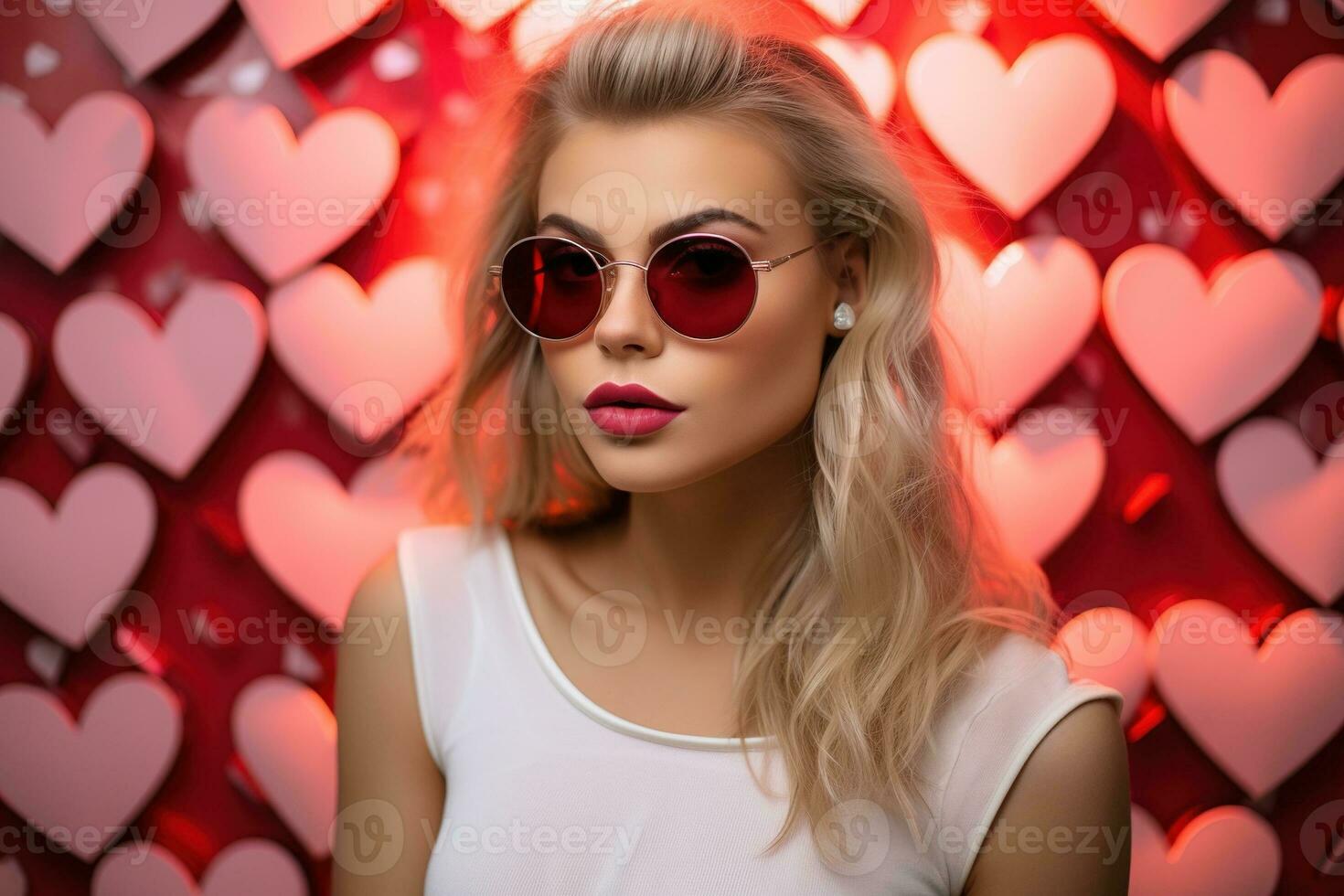 Valentine's day. Portrait of beautiful young woman in sunglasses on red background with hearts. AI generated photo