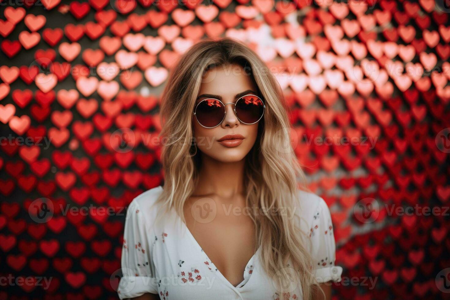 San Valentín día. retrato de hermosa joven mujer en Gafas de sol en rojo antecedentes con corazones. ai generado foto