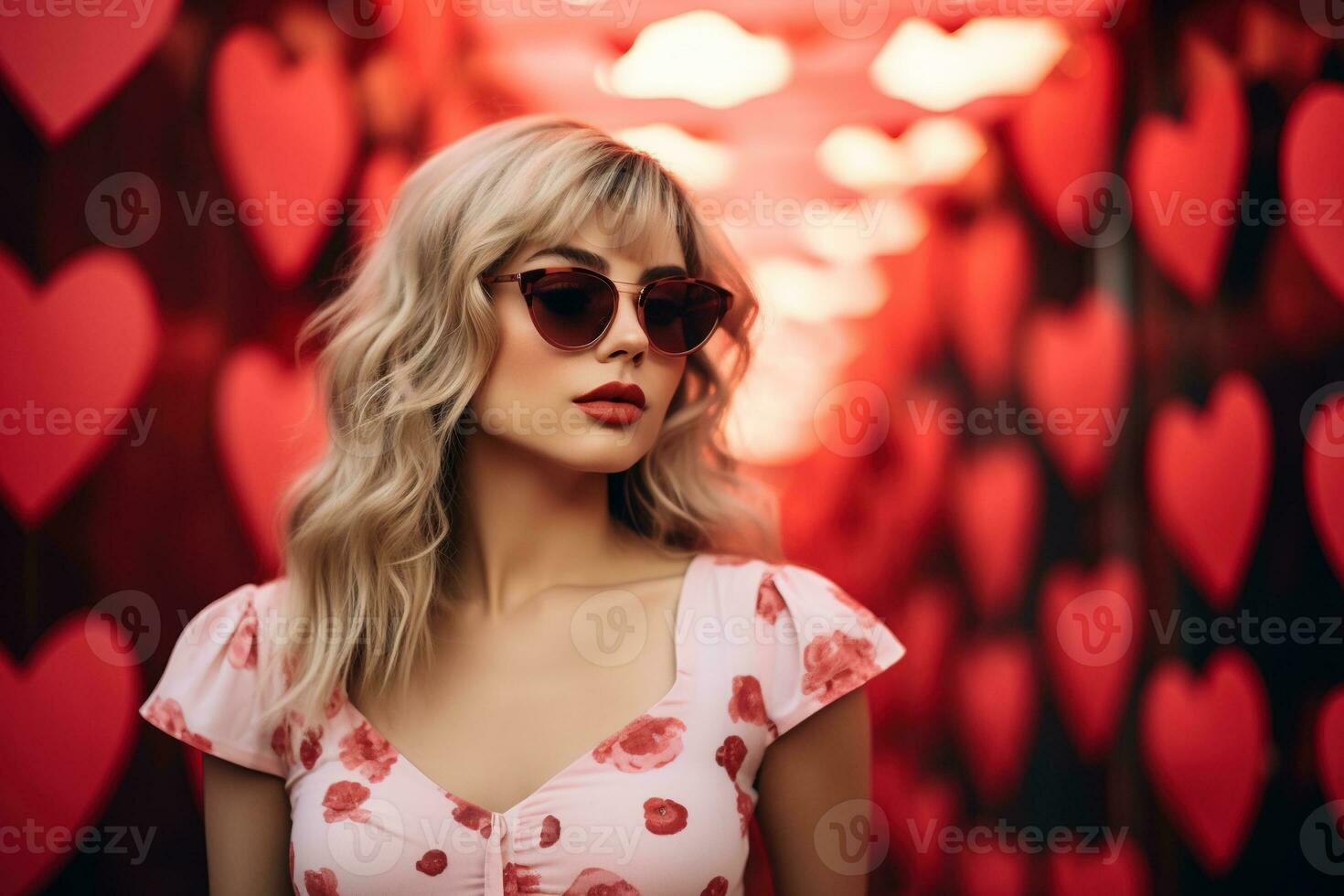 Valentine's day. Portrait of beautiful young woman in sunglasses on red background with hearts. AI generated photo