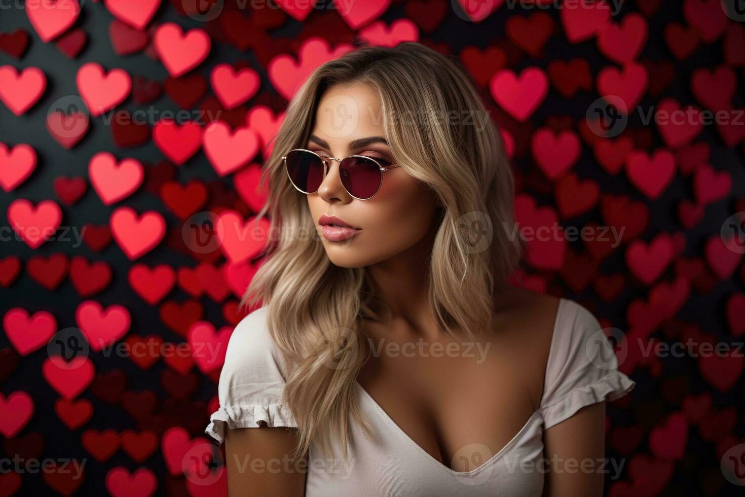 San Valentín día. retrato de hermosa joven mujer en Gafas de sol en rojo antecedentes con corazones. ai generado foto