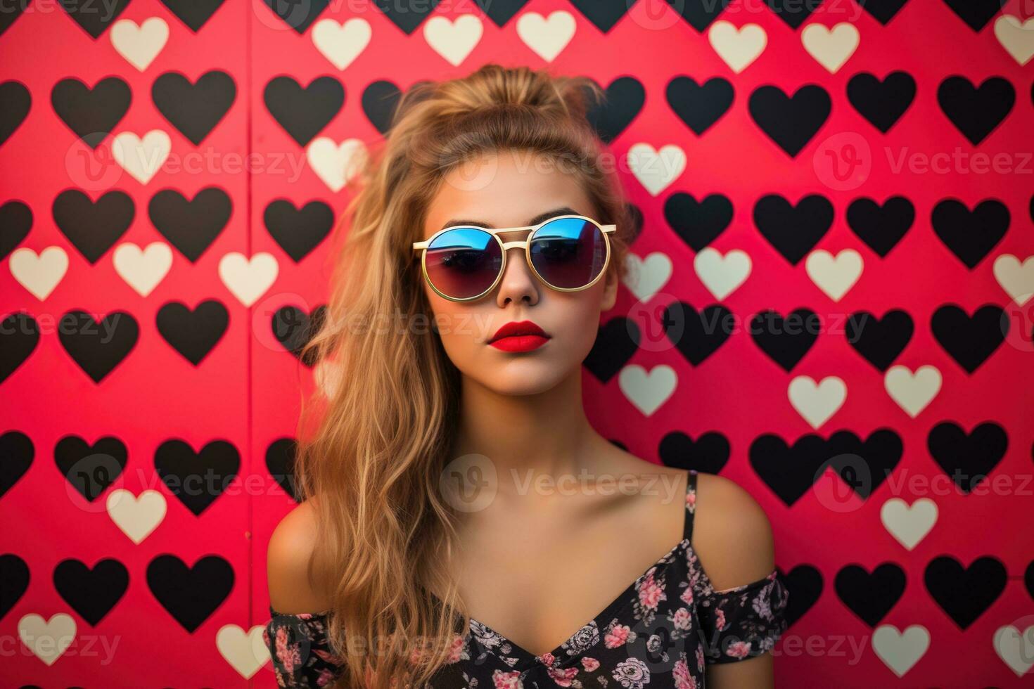 San Valentín día. retrato de hermosa joven mujer en Gafas de sol en rojo antecedentes con corazones. ai generado foto