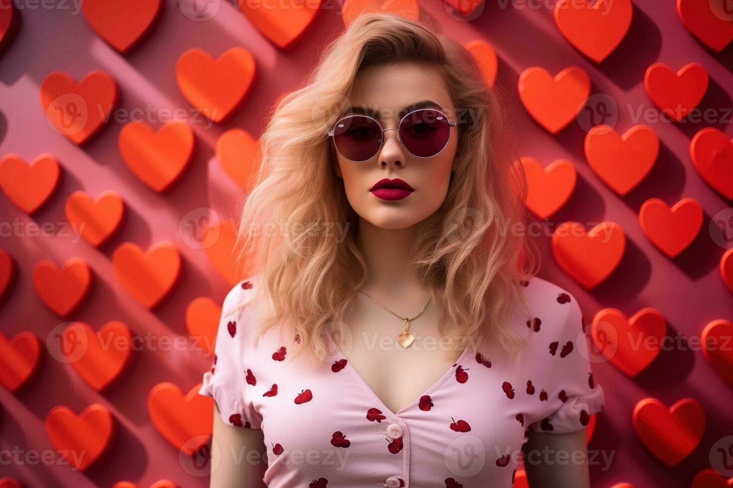 San Valentín día. retrato de hermosa joven mujer en Gafas de sol en rojo antecedentes con corazones. ai generado foto