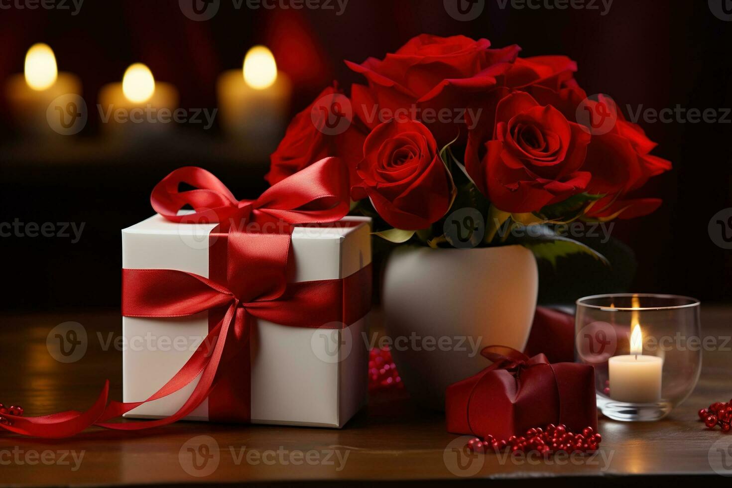 romántico cena ajuste con rojo rosas y regalo caja en mesa.san valentin día concepto ai generado foto