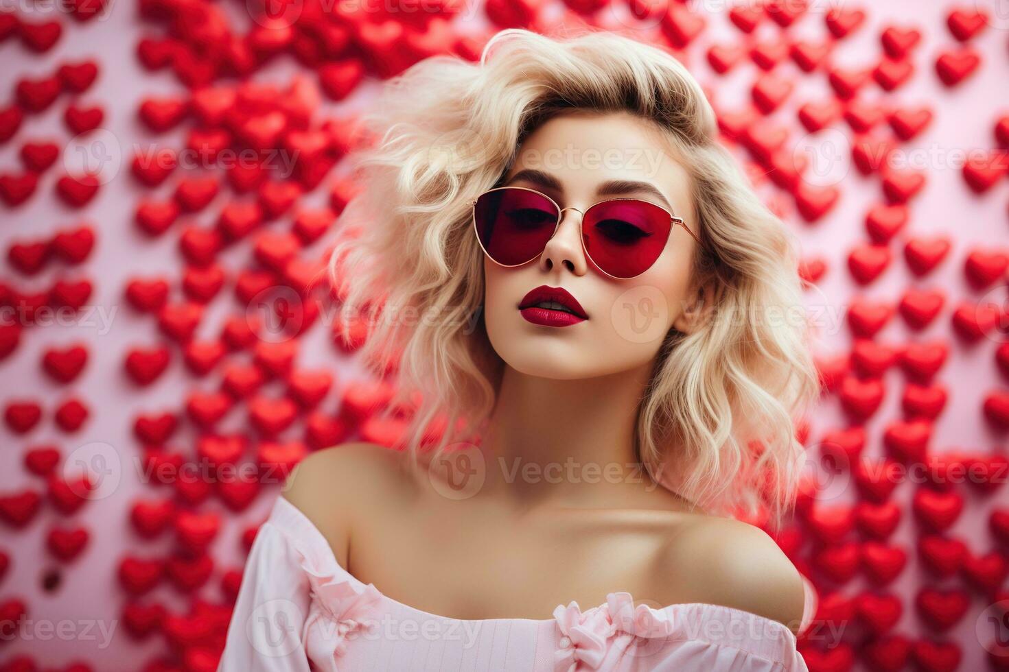 San Valentín día. retrato de hermosa joven mujer en Gafas de sol en rojo antecedentes con corazones. ai generado foto