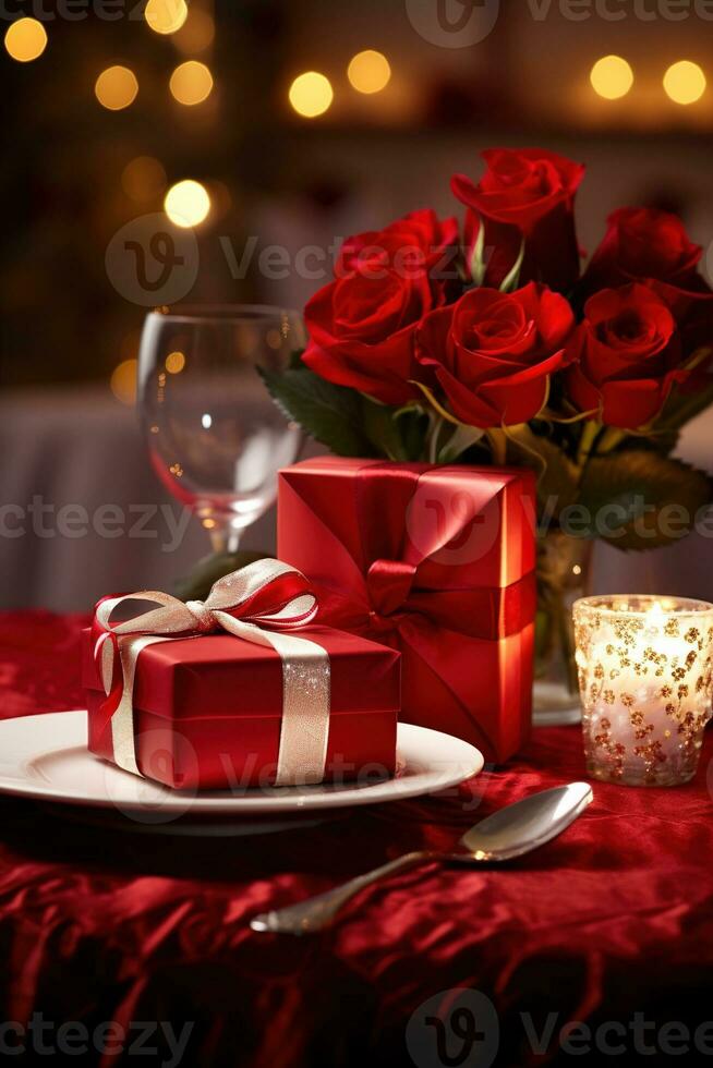 Romantic dinner setting with red roses and gift box on table.Valentine's Day Concept AI generated photo