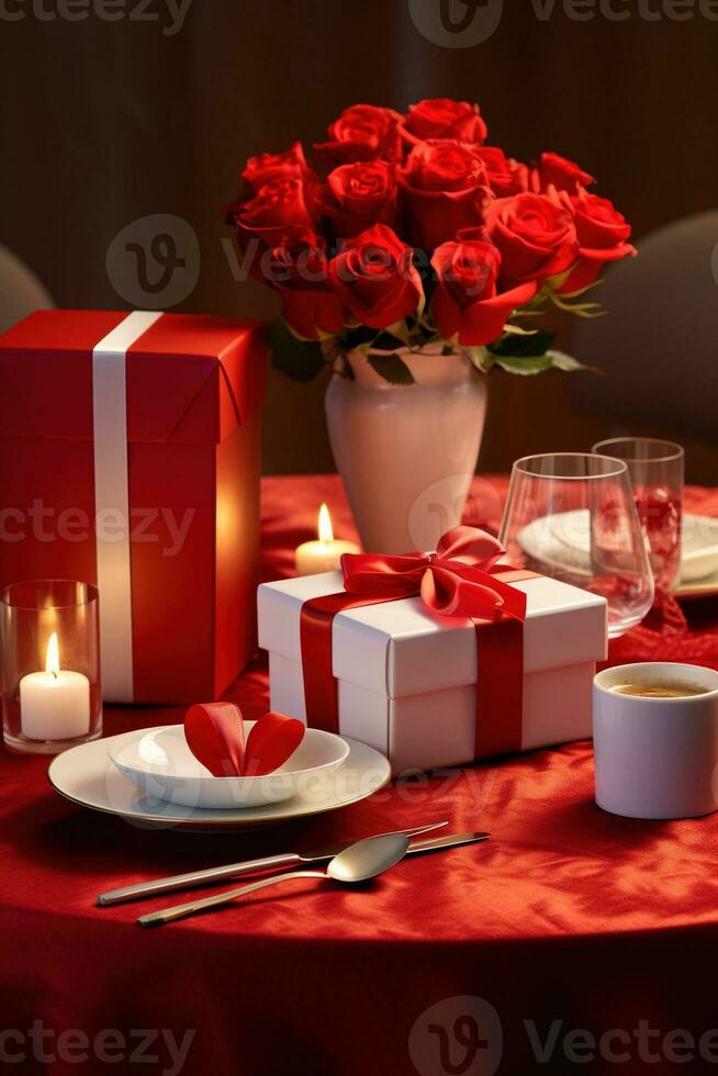Romantic dinner setting with red roses and gift box on table.Valentine's Day Concept AI generated photo