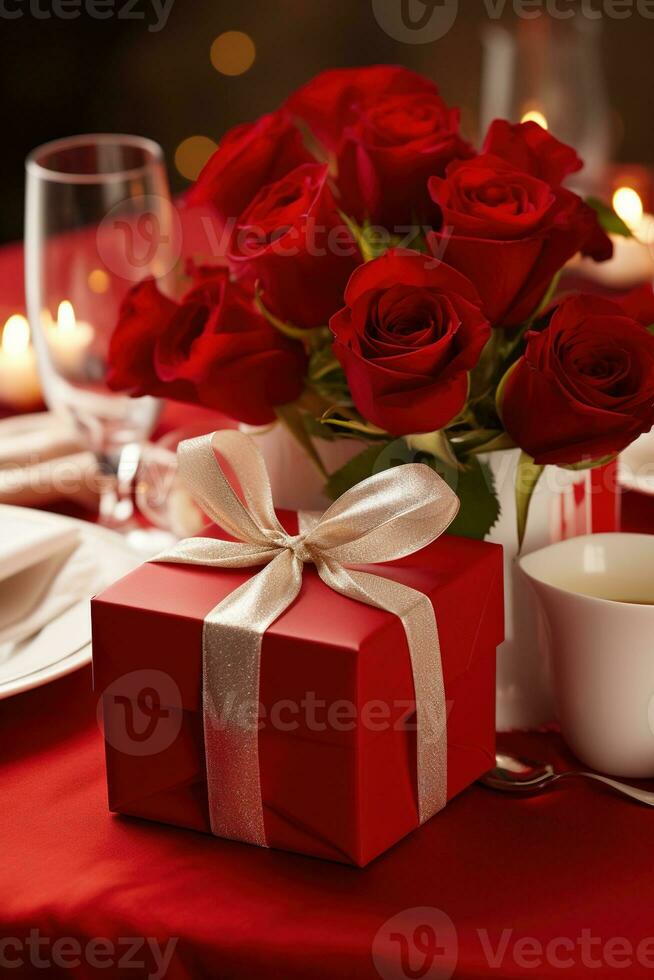 Romantic dinner setting with red roses and gift box on table.Valentine's Day Concept AI generated photo