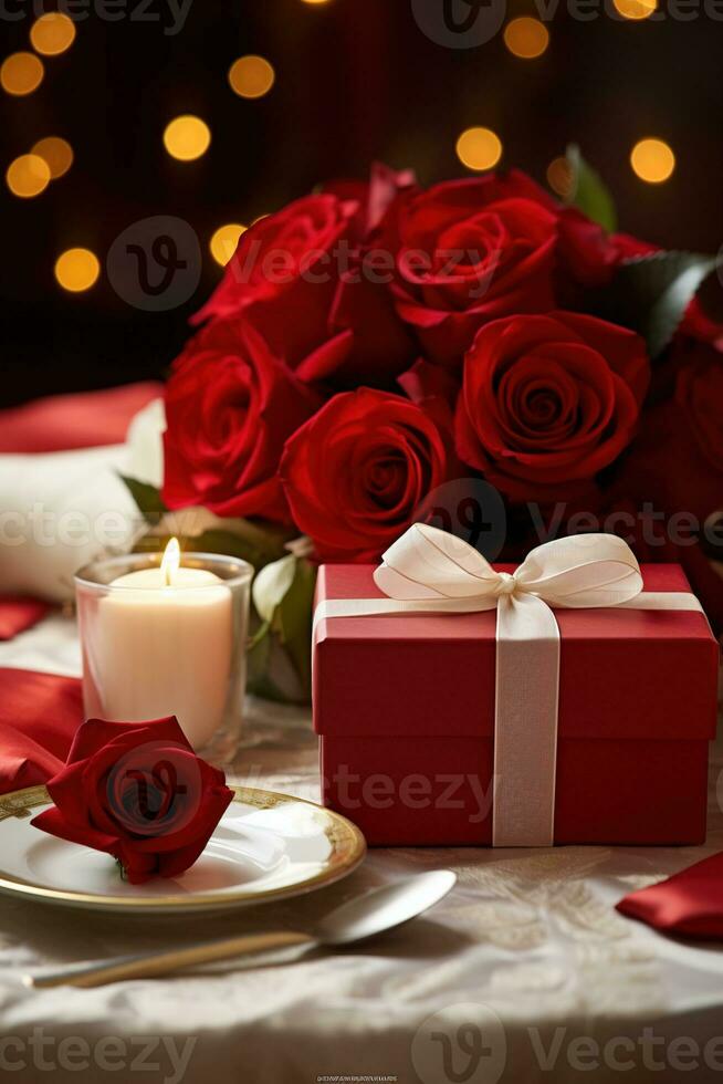 Romantic dinner setting with red roses and gift box on table.Valentine's Day Concept AI generated photo