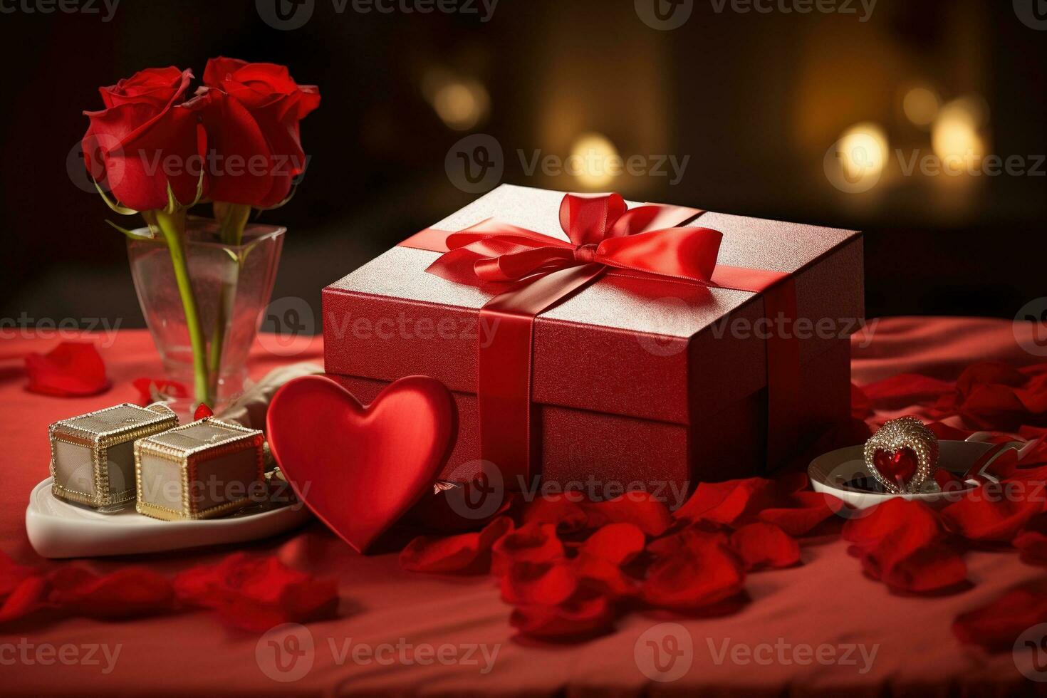 Romantic dinner setting with red roses and gift box on table.Valentine's Day Concept AI generated photo