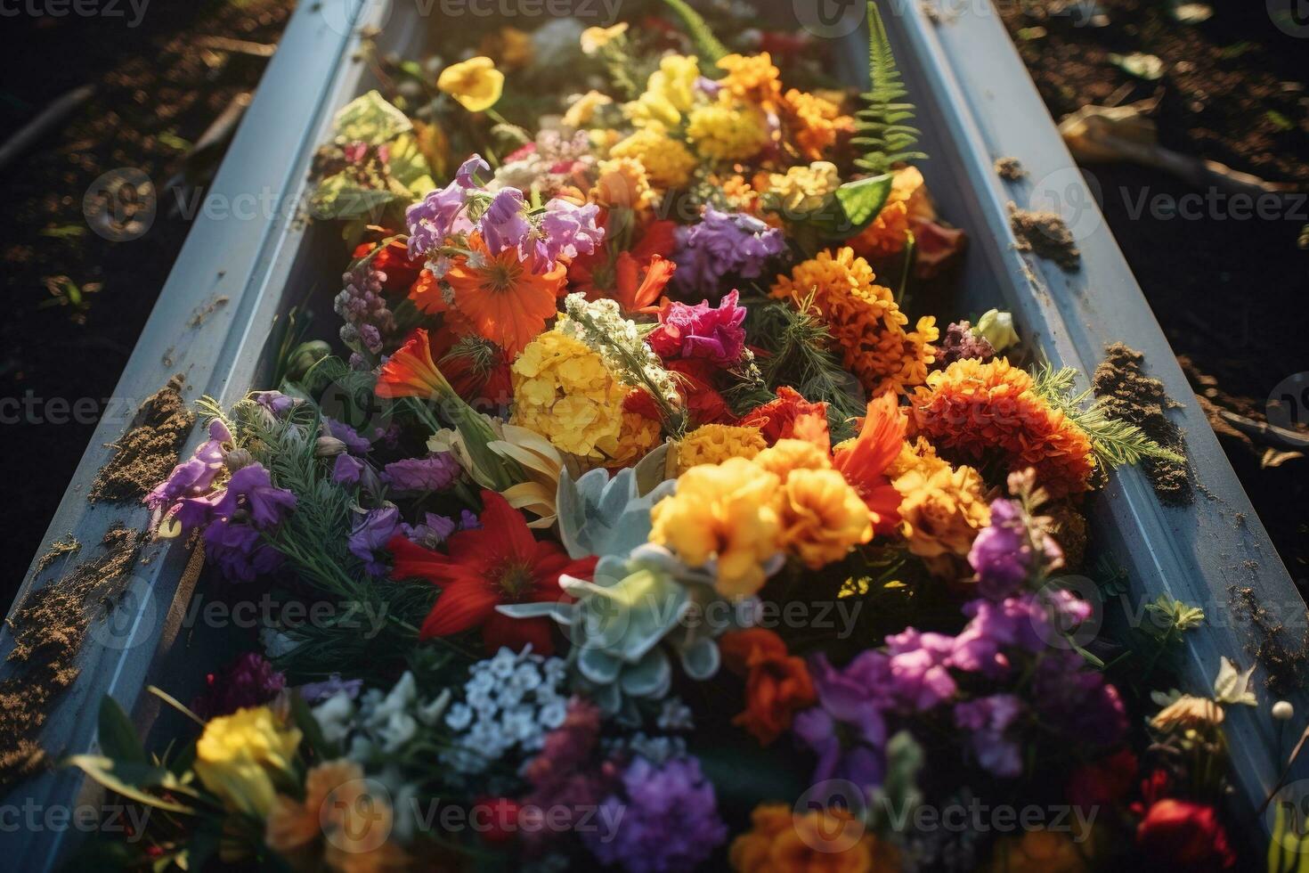 Colorful flowers on the grave in the cemetery, funeral concept. AI generated photo