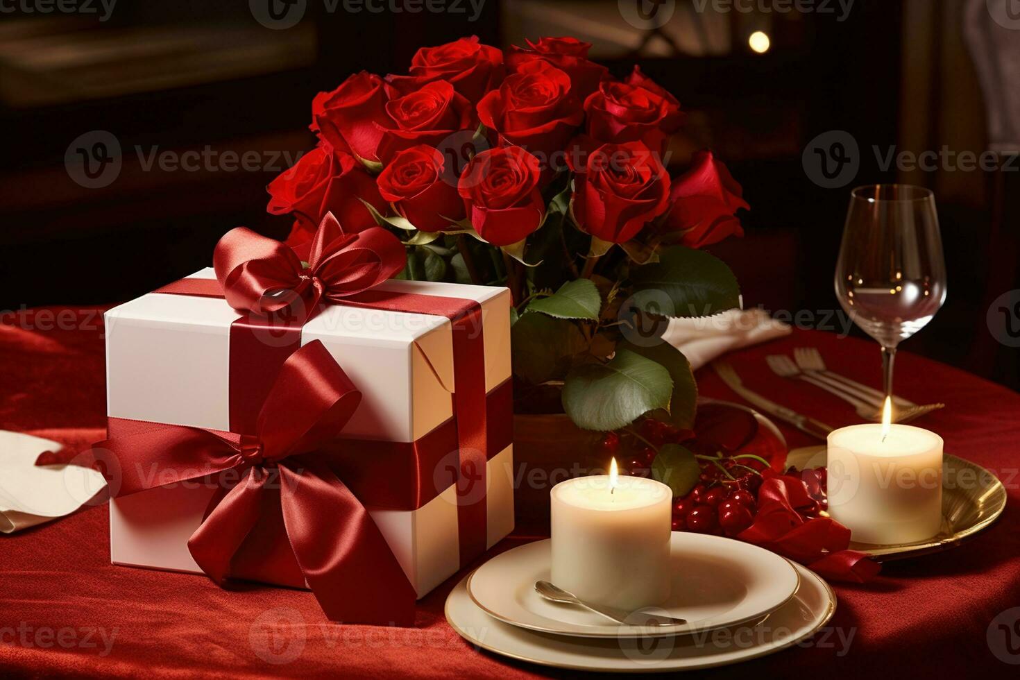 romántico cena ajuste con rojo rosas y regalo caja en mesa.san valentin día concepto ai generado foto