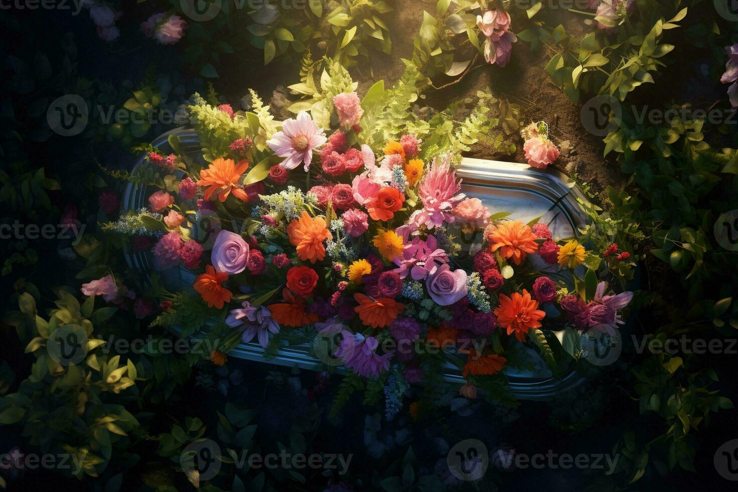Colorful flowers on the grave in the cemetery, funeral concept. AI generated photo