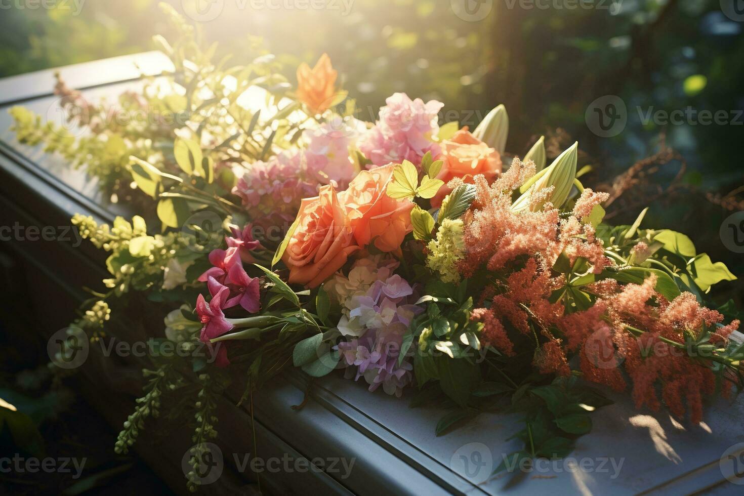 Colorful flowers on the grave in the cemetery, funeral concept. AI generated photo