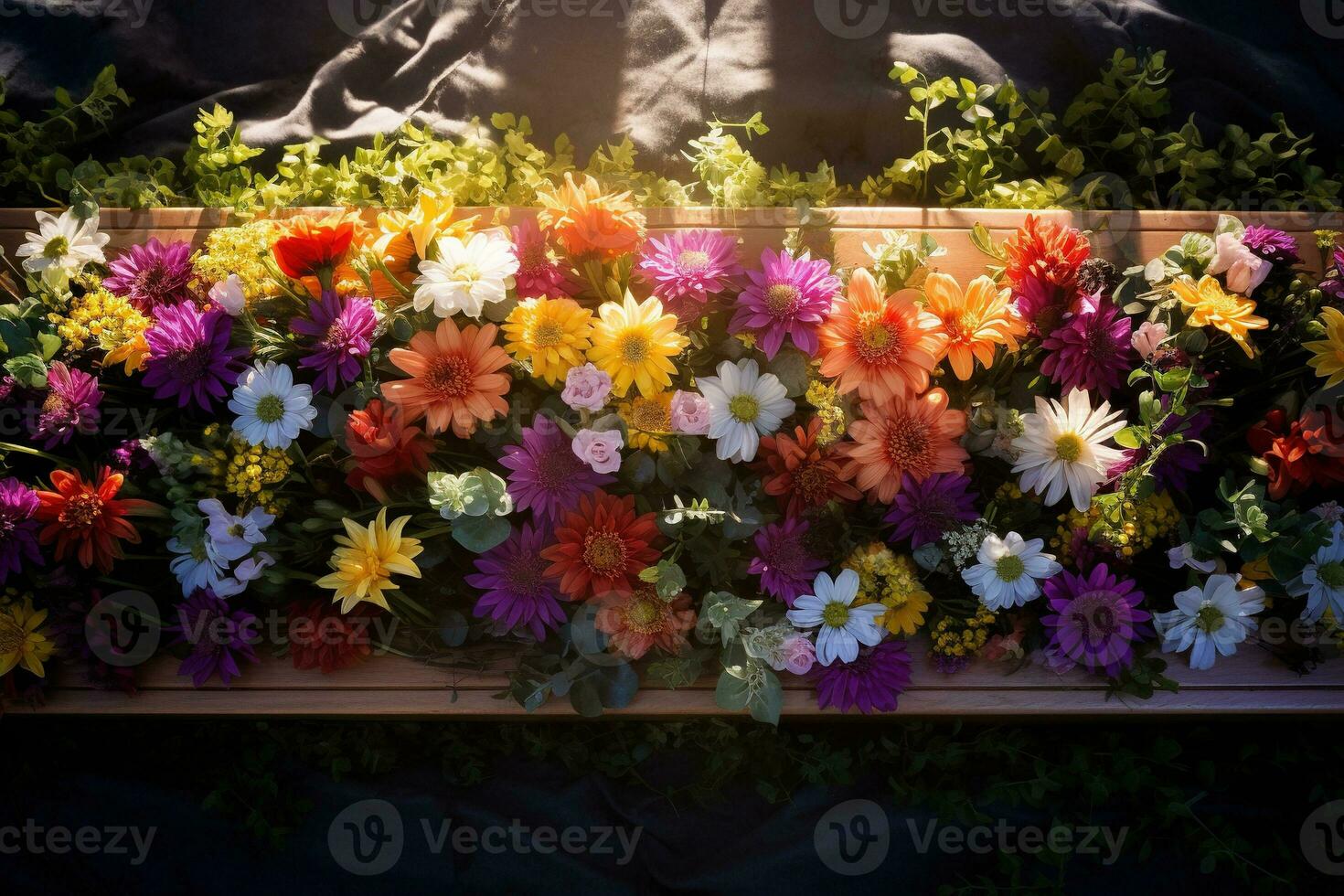 Colorful flowers on the grave in the cemetery, funeral concept. AI generated photo