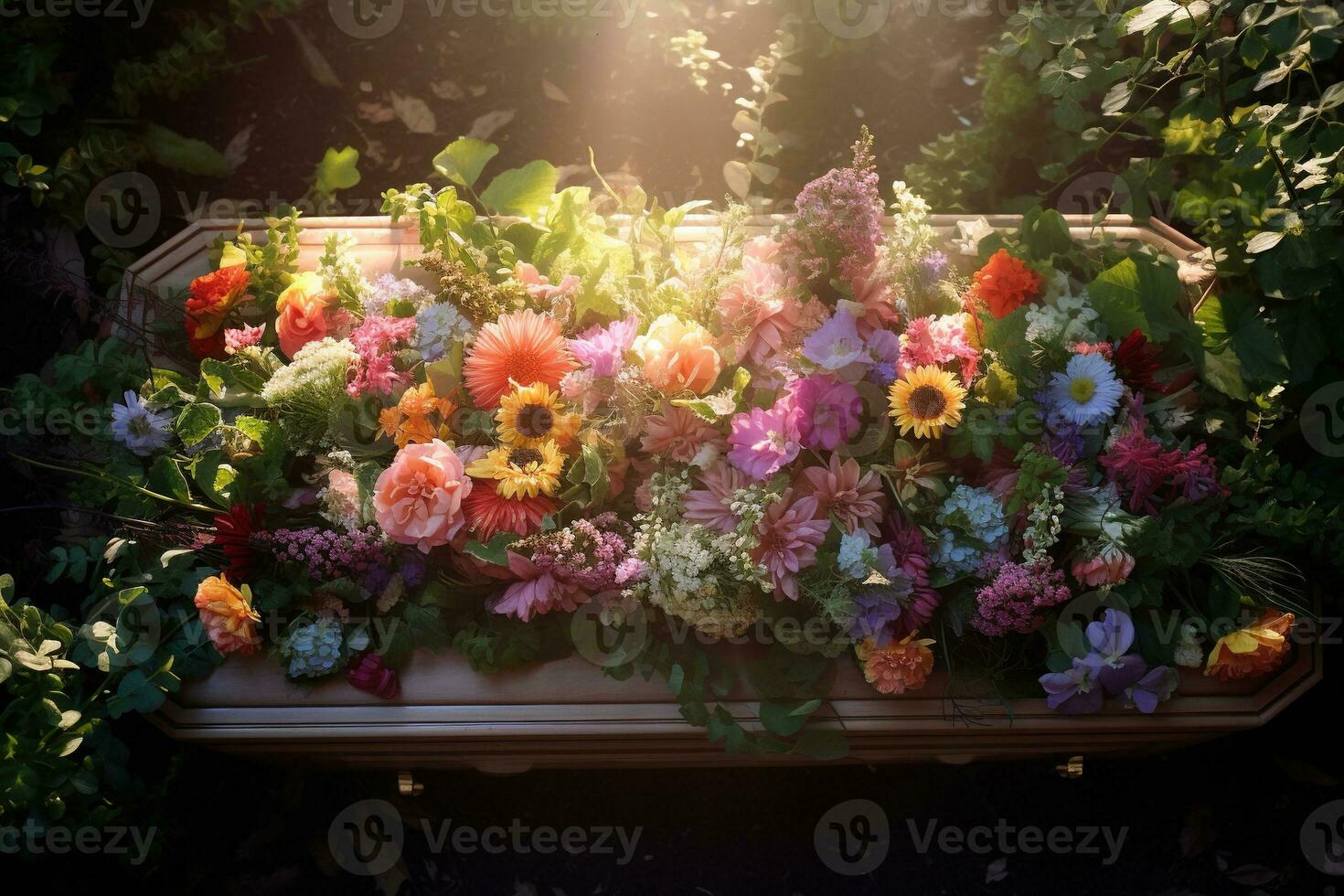 Colorful flowers on the grave in the cemetery, funeral concept. AI generated photo