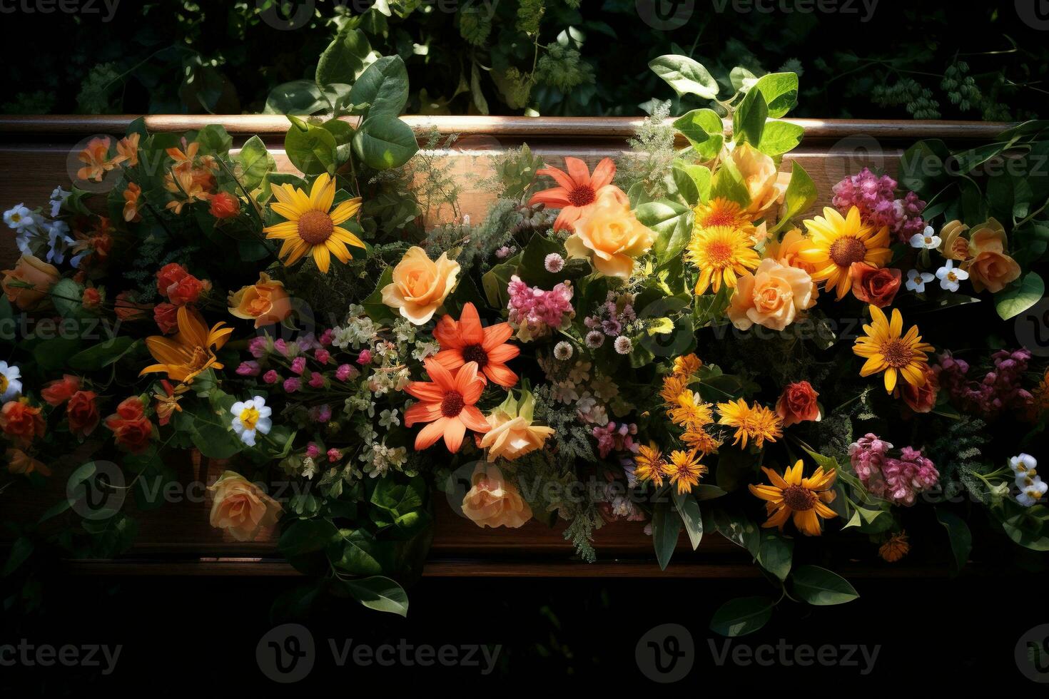 Colorful flowers on the grave in the cemetery, funeral concept. AI generated photo