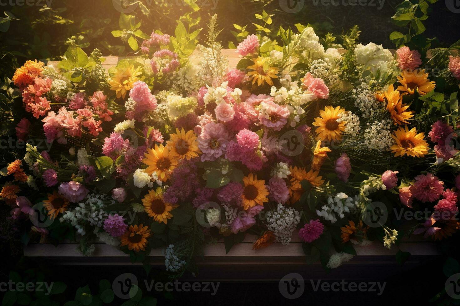 Colorful flowers on the grave in the cemetery, funeral concept. AI generated photo