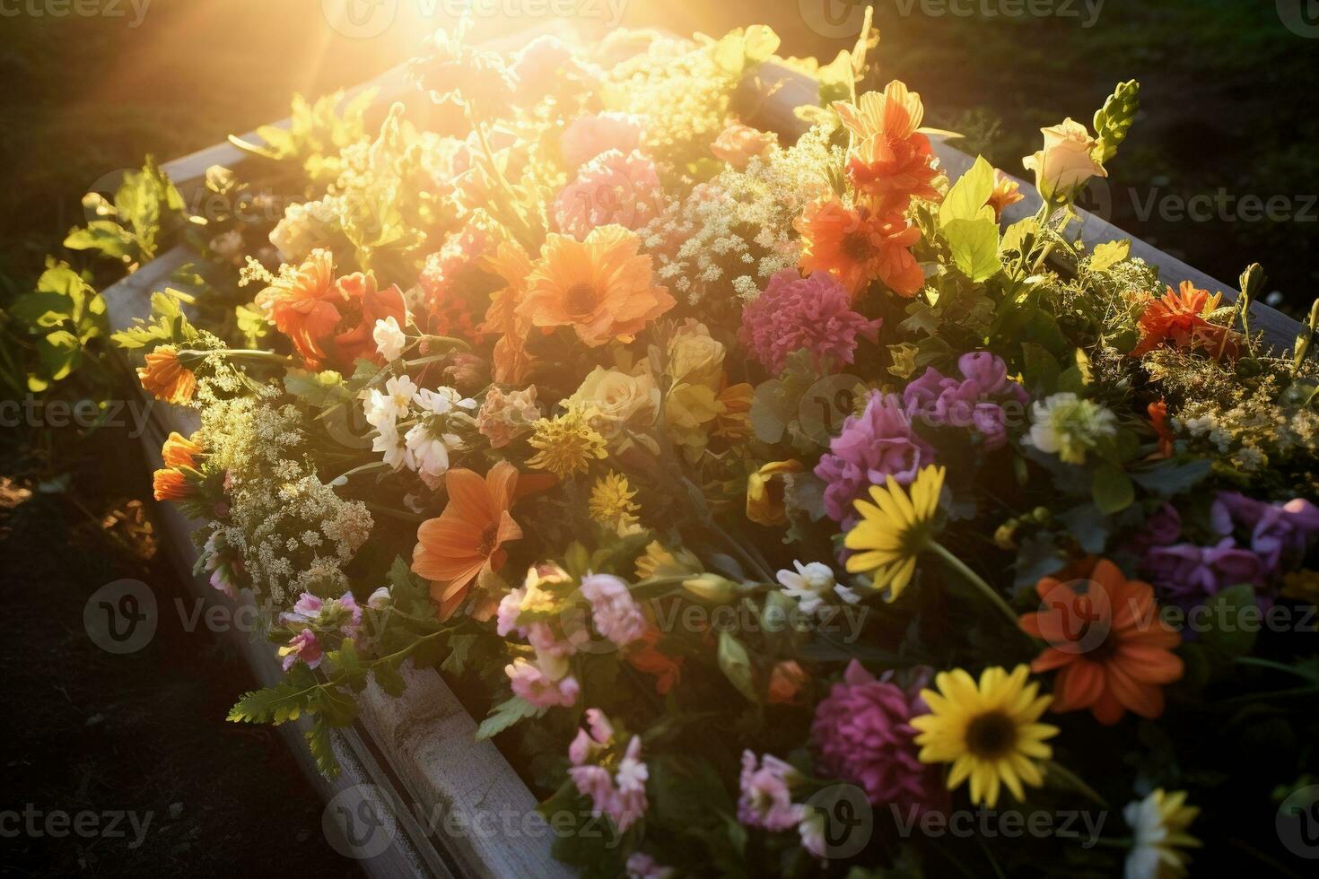 Colorful flowers on the grave in the cemetery, funeral concept. AI generated photo