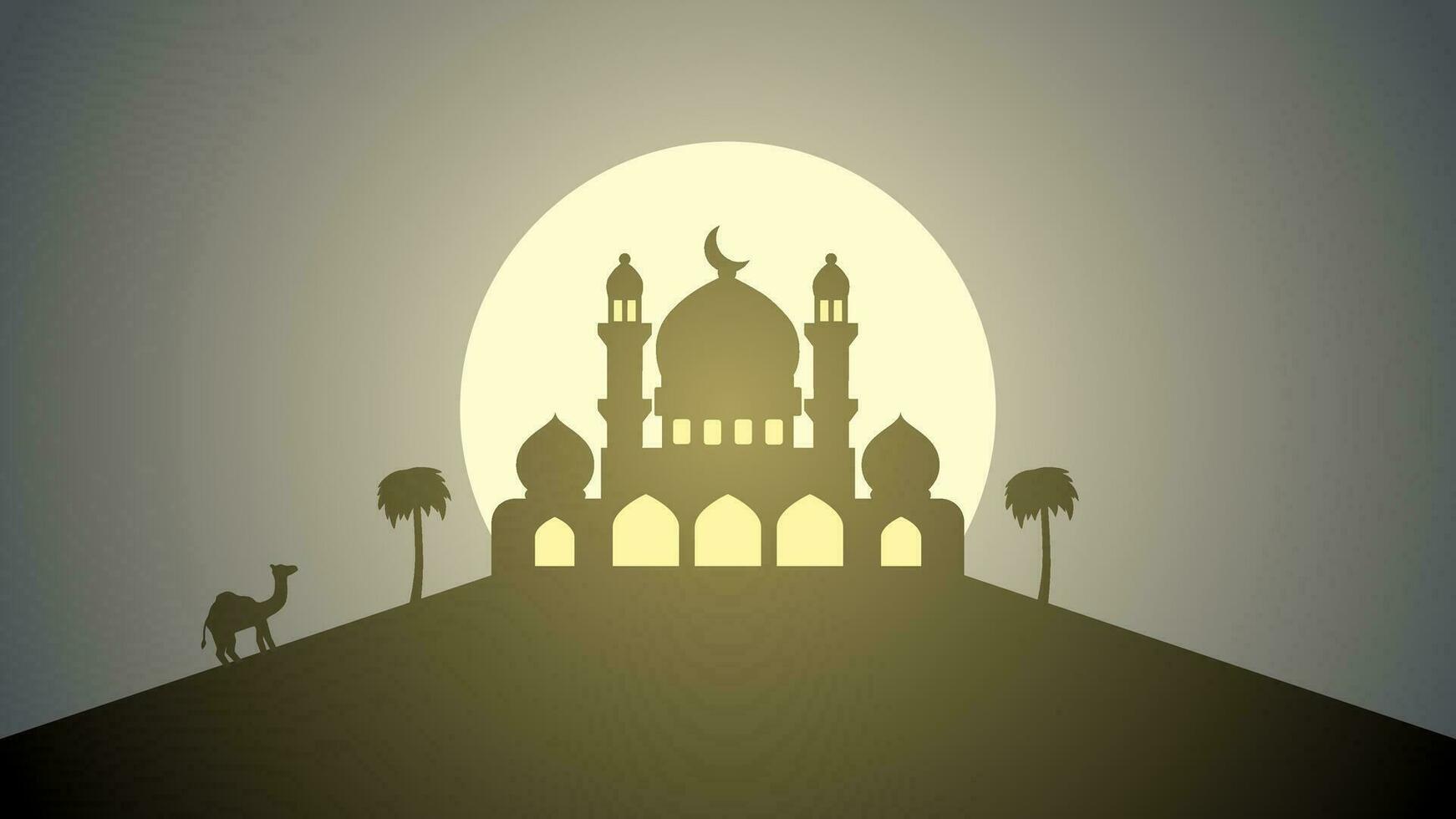 mezquita silueta paisaje vector ilustración. Ramadán paisaje diseño gráfico en musulmán cultura y islam religión. mezquita panorama para ilustración, antecedentes o fondo de pantalla