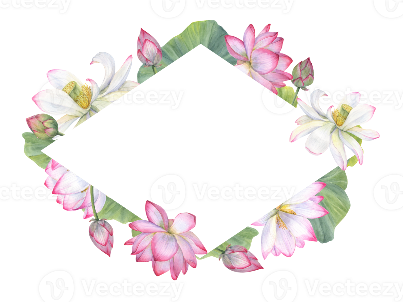 ruit kader met Indisch heilig lotus bloem, knoppen, bladeren. Vietnamees nationaal bloemen. ruimte voor tekst. waterverf illustratie voor hartelijk groeten, uitnodiging, ansichtkaart ontwerp png