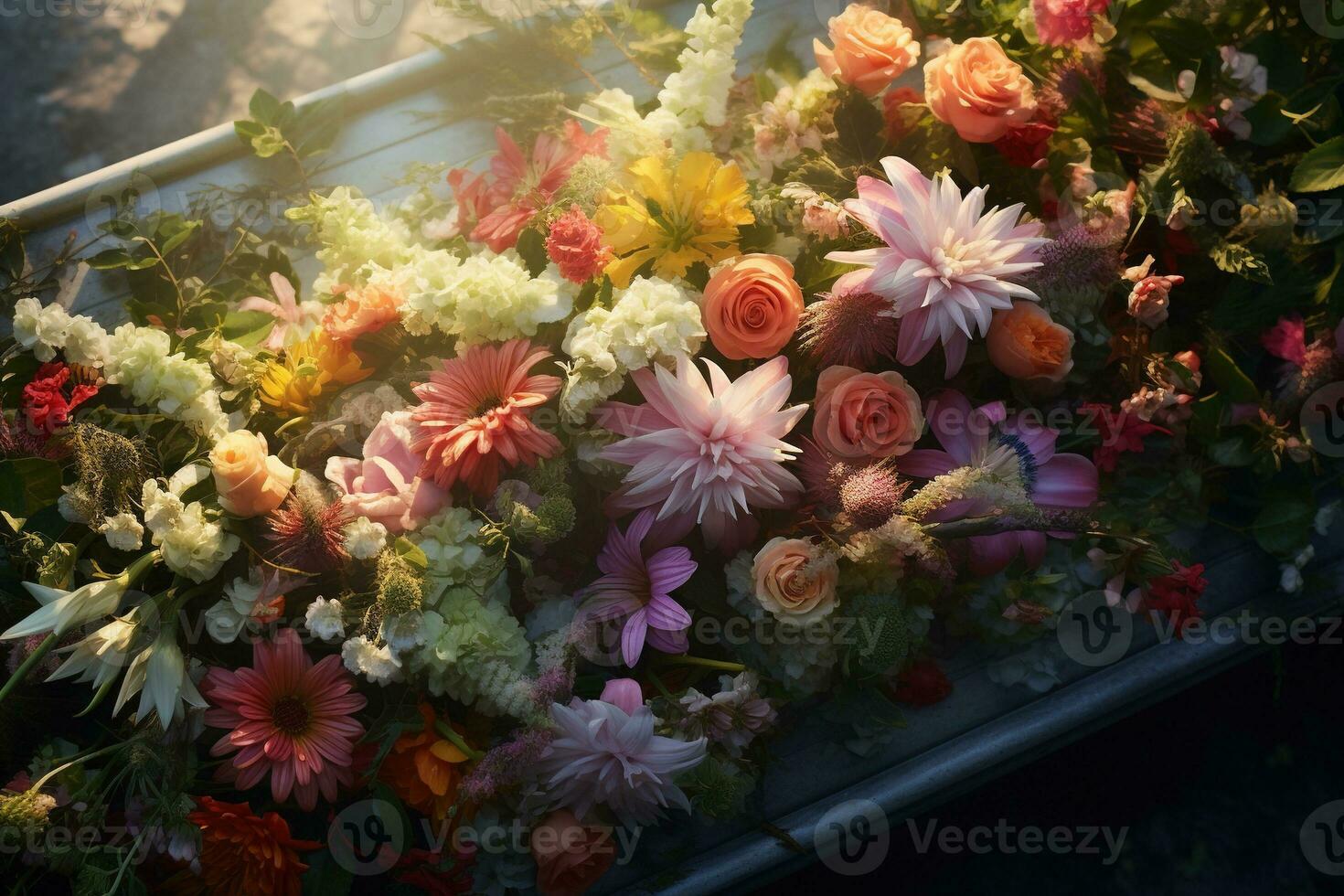 Colorful flowers on the grave in the cemetery, funeral concept. AI generated photo