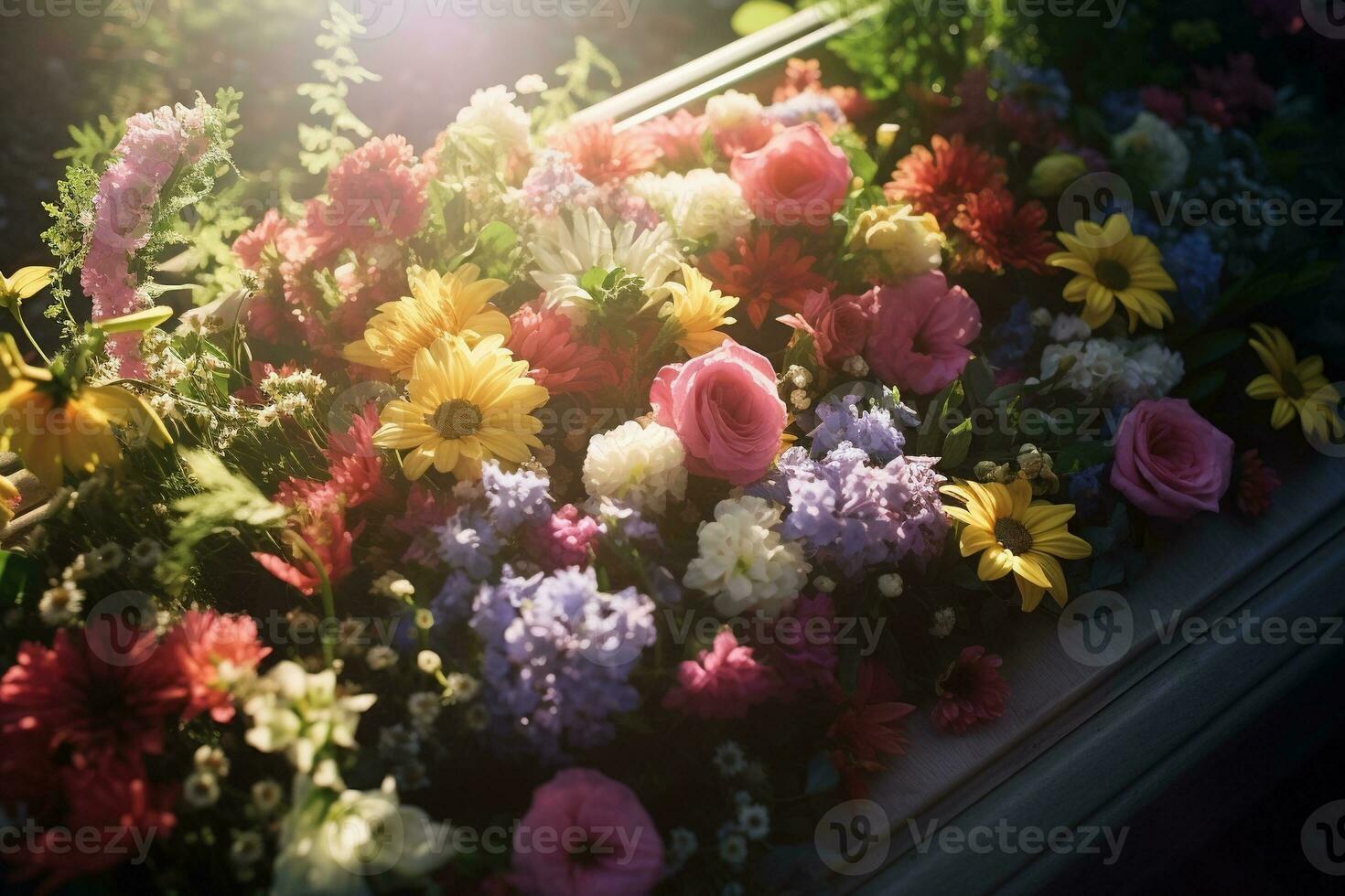 Colorful flowers on the grave in the cemetery, funeral concept. AI generated photo