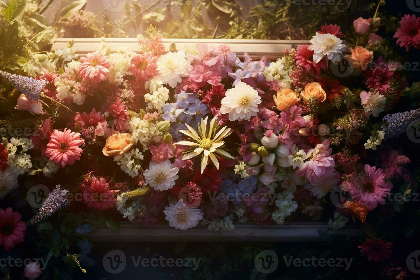 Colorful flowers on the grave in the cemetery, funeral concept. AI generated photo