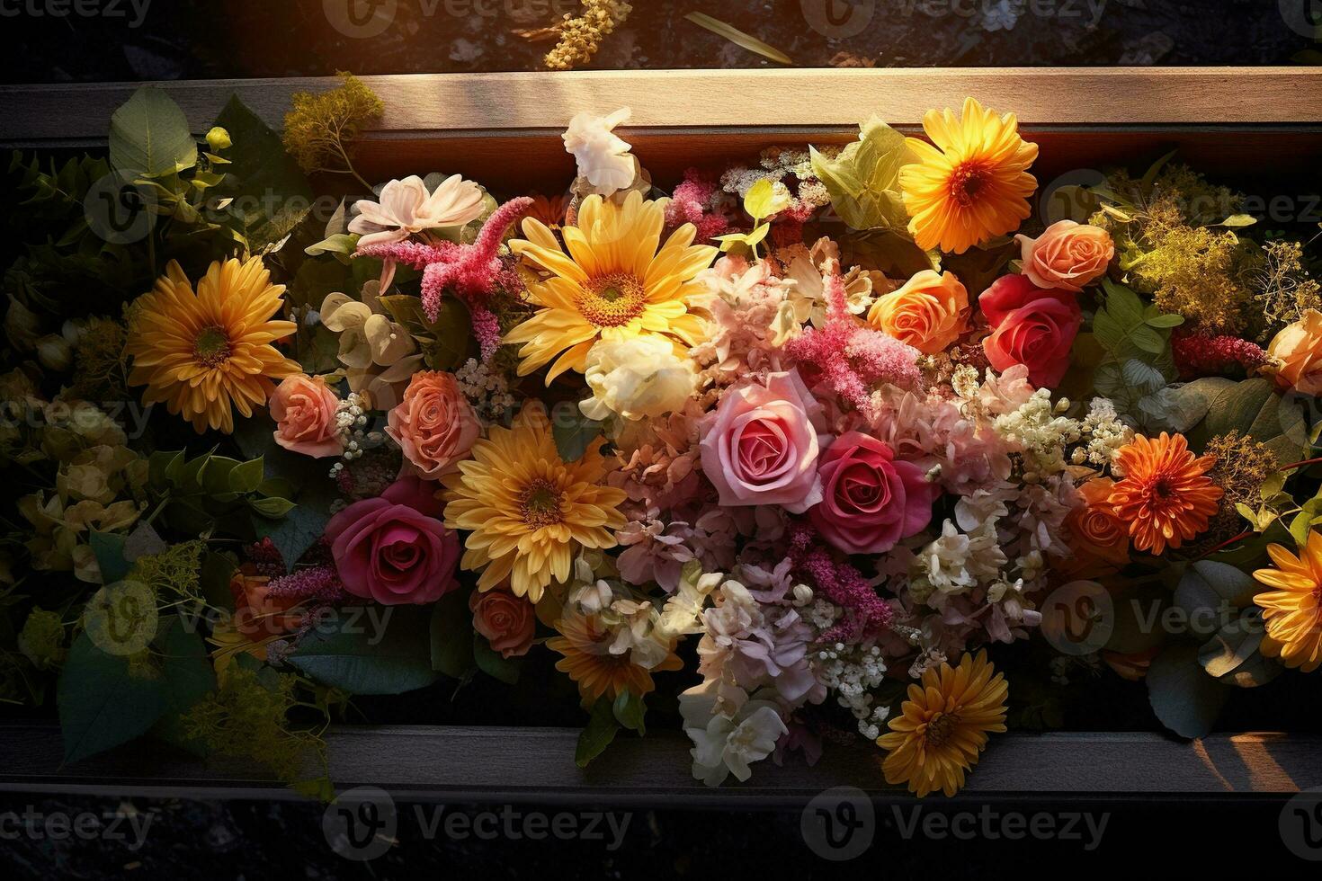 Colorful flowers on the grave in the cemetery, funeral concept. AI generated photo