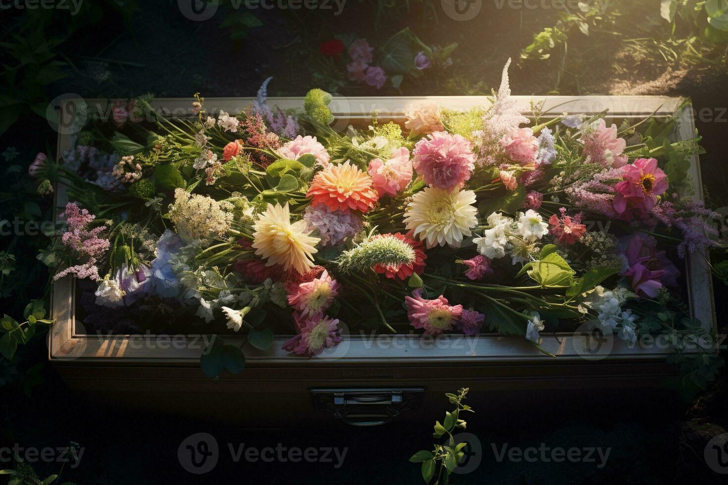 Colorful flowers on the grave in the cemetery, funeral concept. AI generated photo