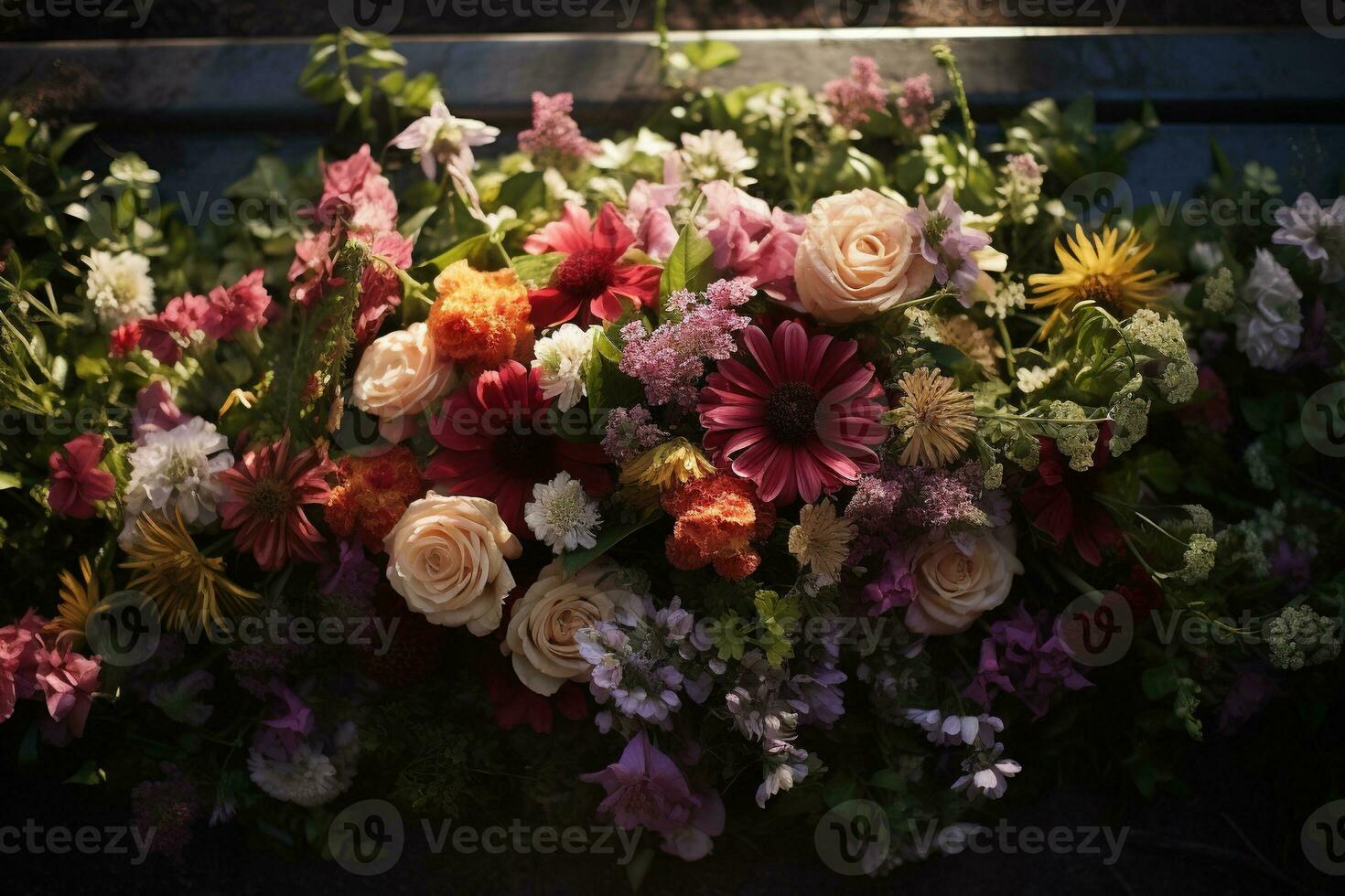 Colorful flowers on the grave in the cemetery, funeral concept. AI generated photo